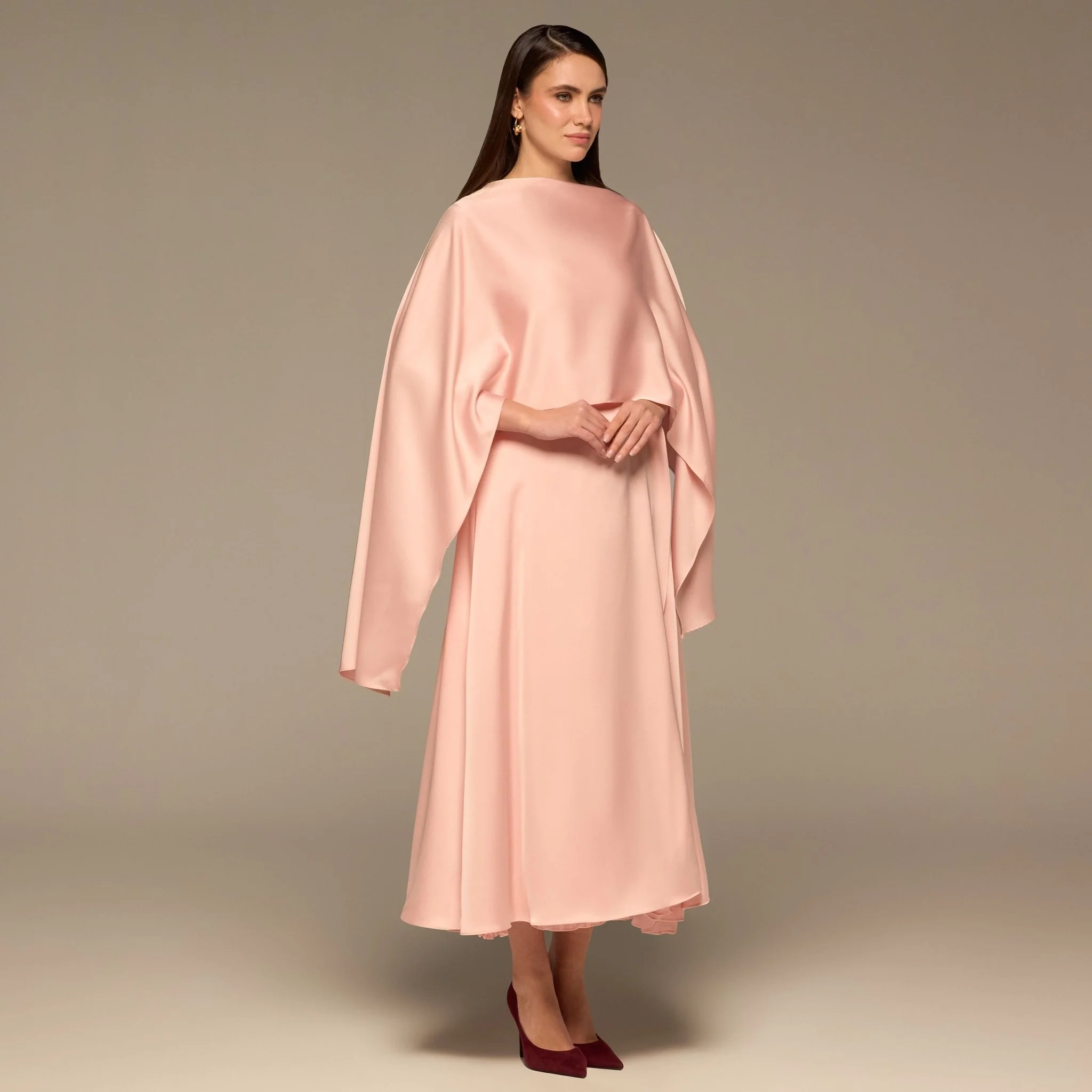 Pink Satin Dress with Cape Sleeves - Image 2