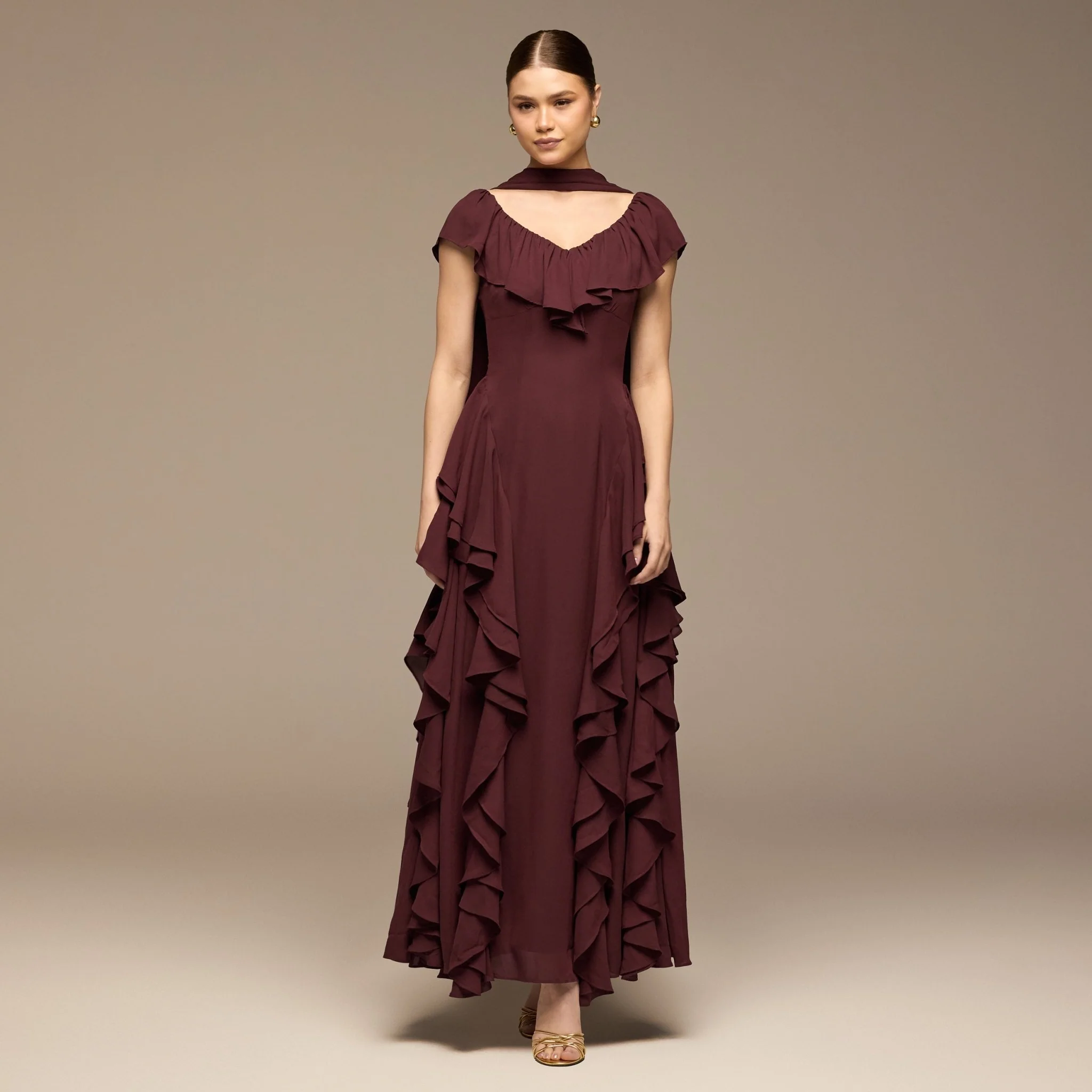 Burgundy Ruffle Chiffon Maxi Dress