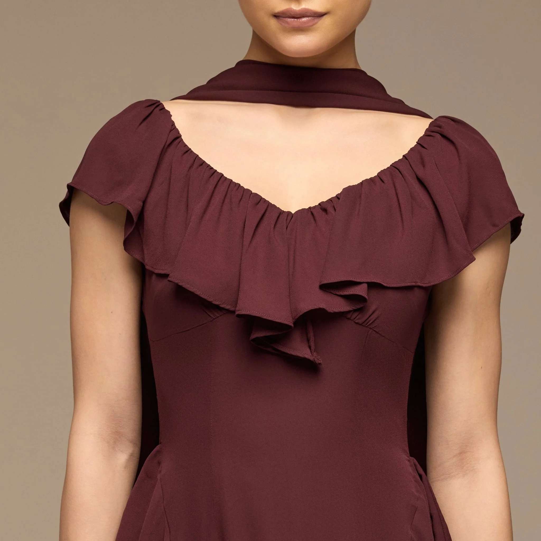 Burgundy Ruffle Chiffon Maxi Dress - Image 3