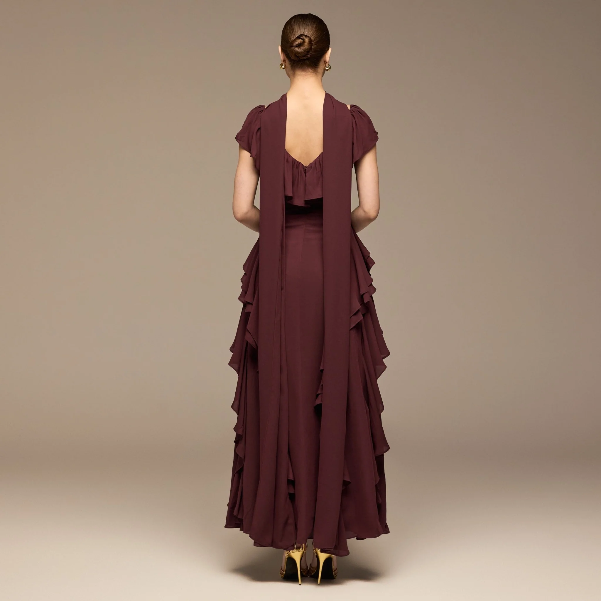 Burgundy Ruffle Chiffon Maxi Dress - Image 4