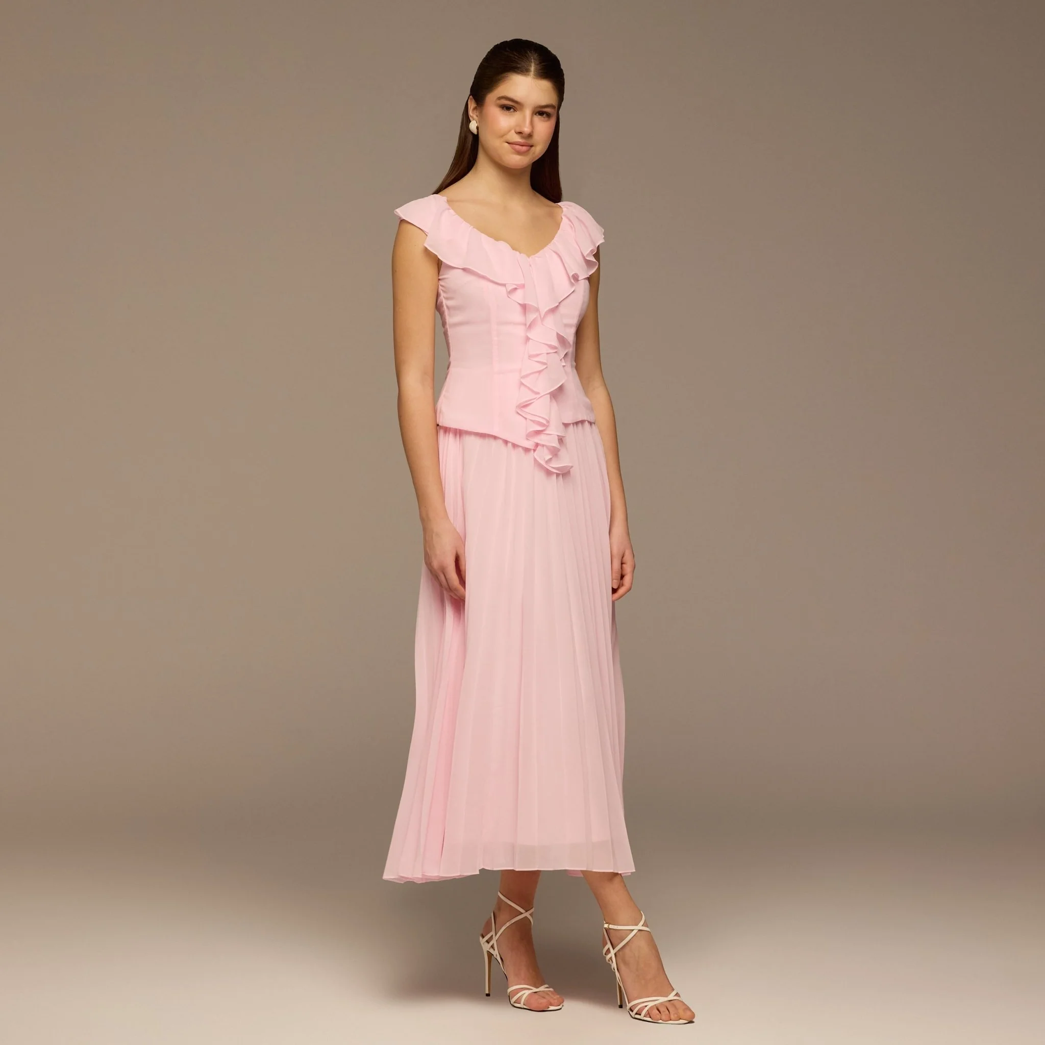 Pink Ruffle Neck Pleated Chiffon Dress - Image 2