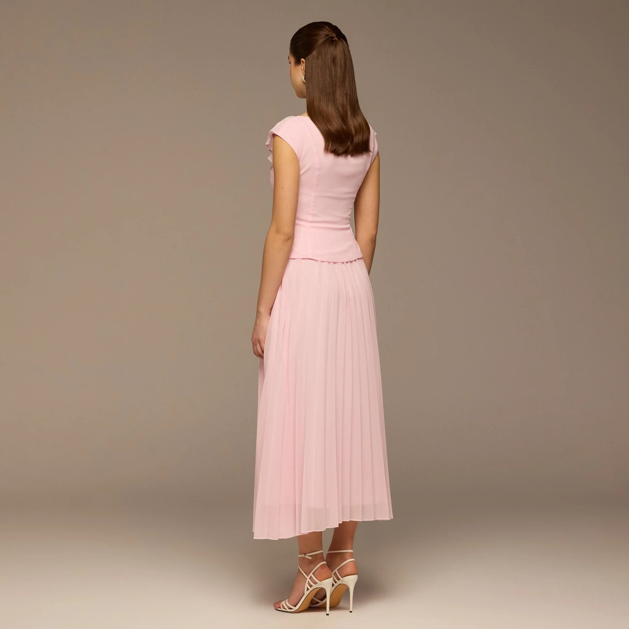 Pink Ruffle Neck Pleated Chiffon Dress - Image 4
