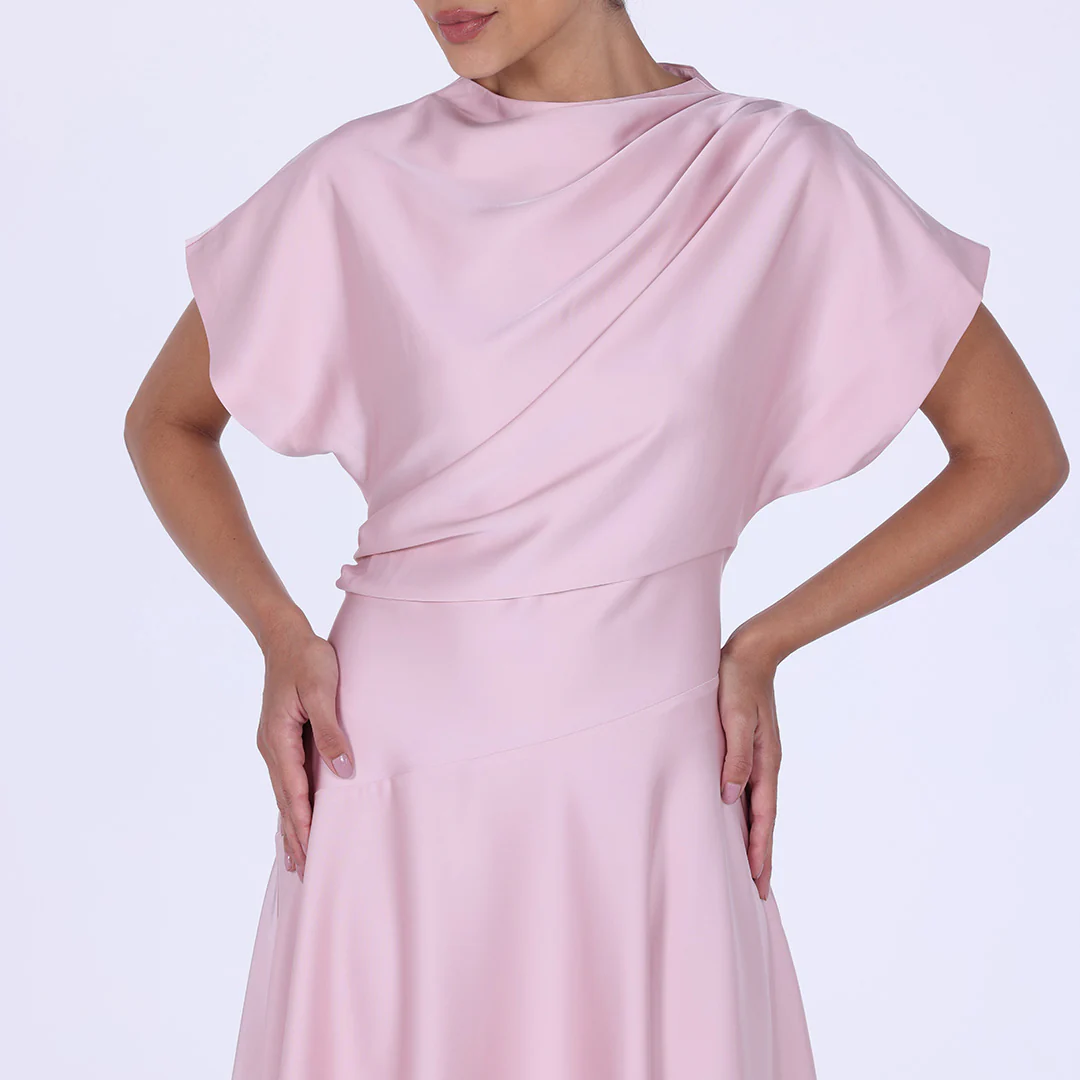 Pink Short Sleeve Asymmetric Satin Dress - Image 3
