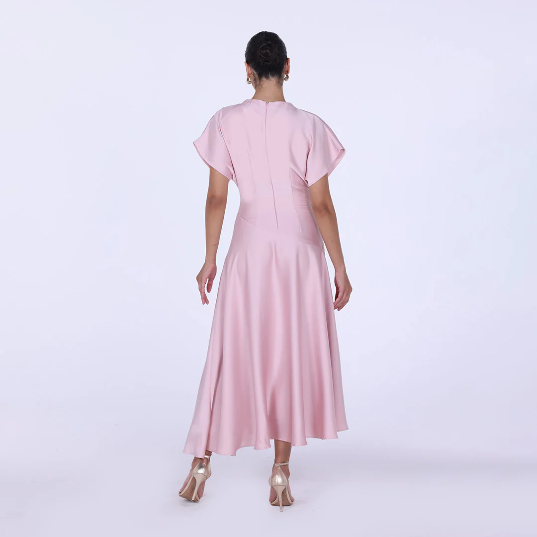 Pink Short Sleeve Asymmetric Satin Dress - Image 4