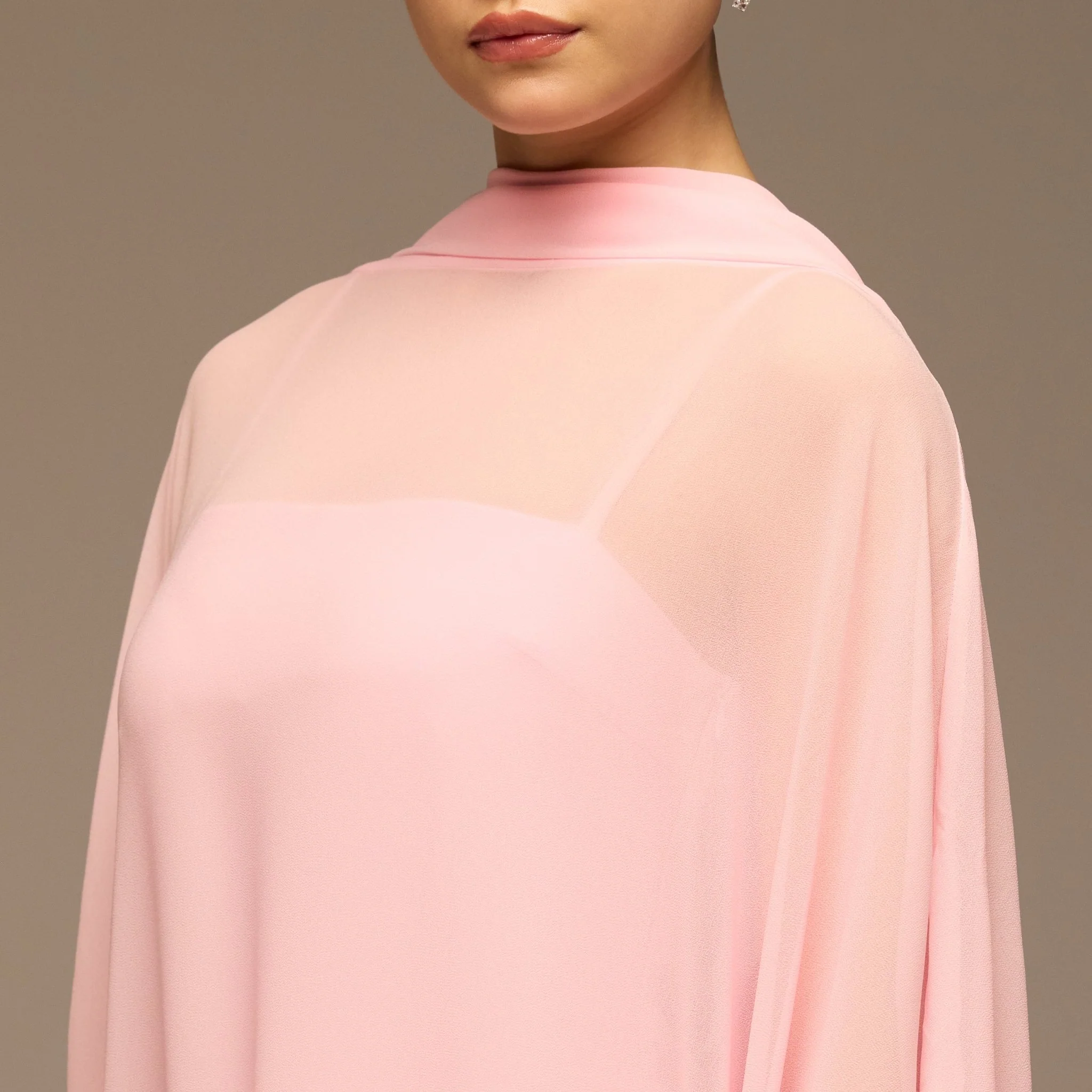 Pink Spaghetti Strap Dress with Sheer Chiffon Cape - Image 3