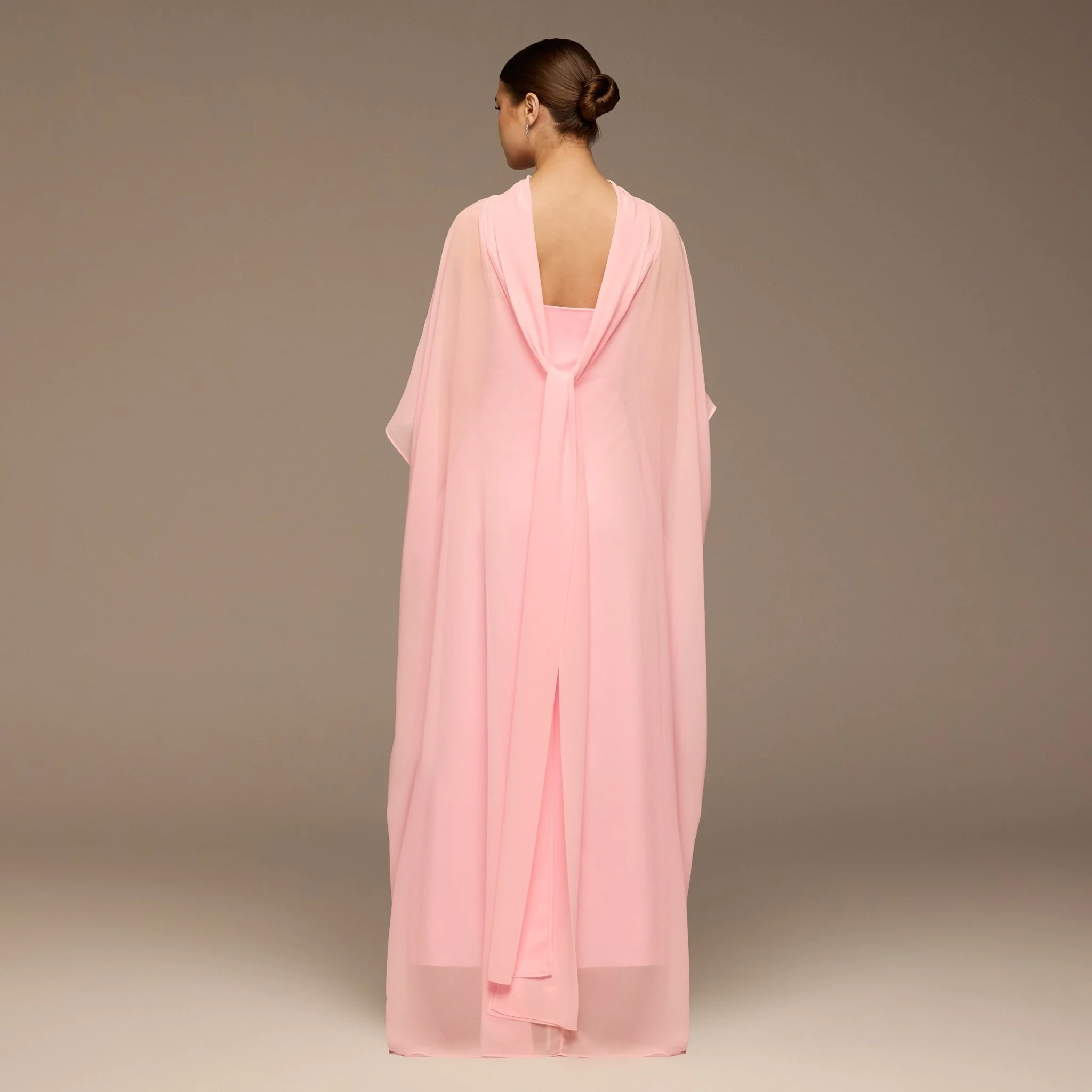 Pink Spaghetti Strap Dress with Sheer Chiffon Cape - Image 4