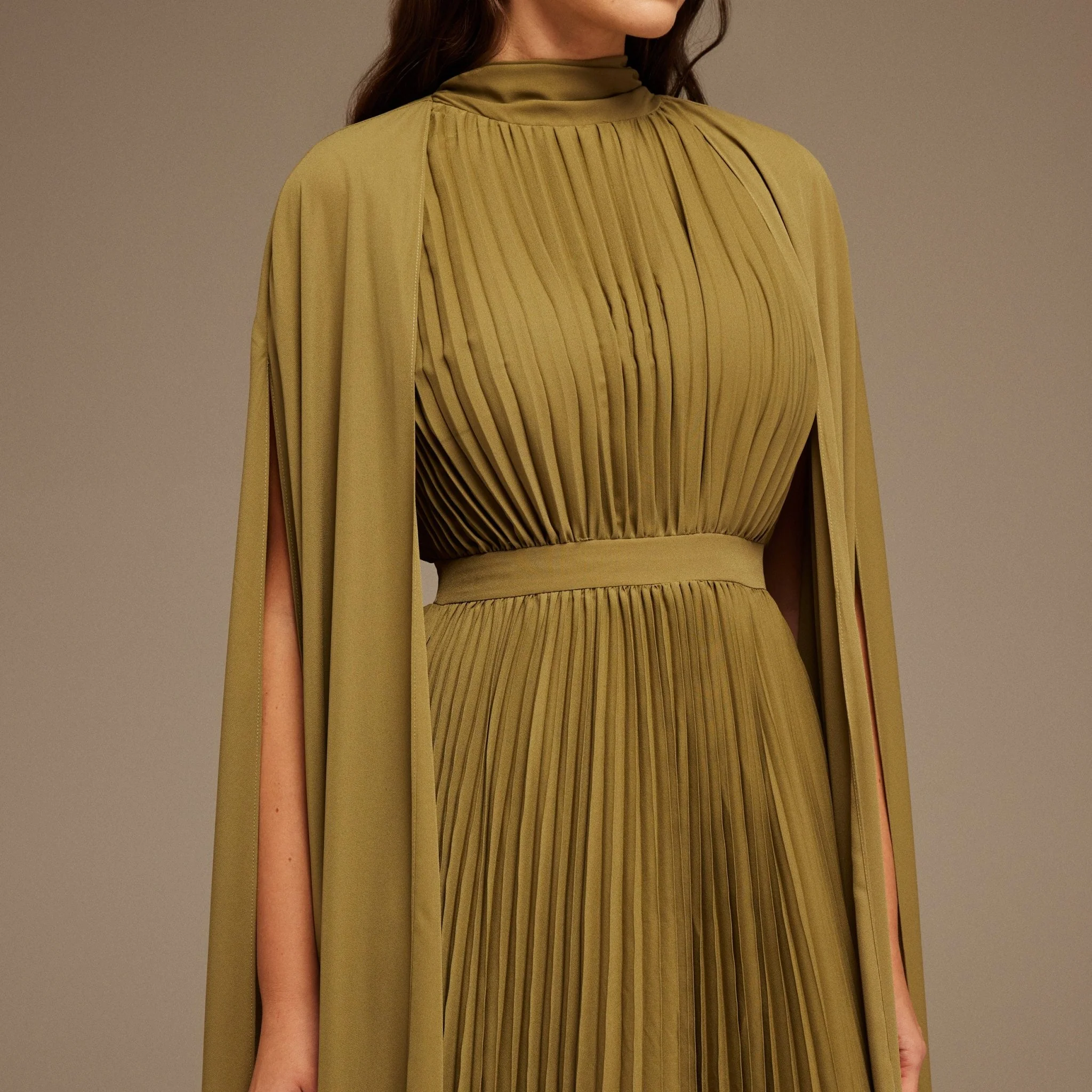 Green Pleated A-line Dress with Cape Sleeves and High Neck Scarf - Image 3