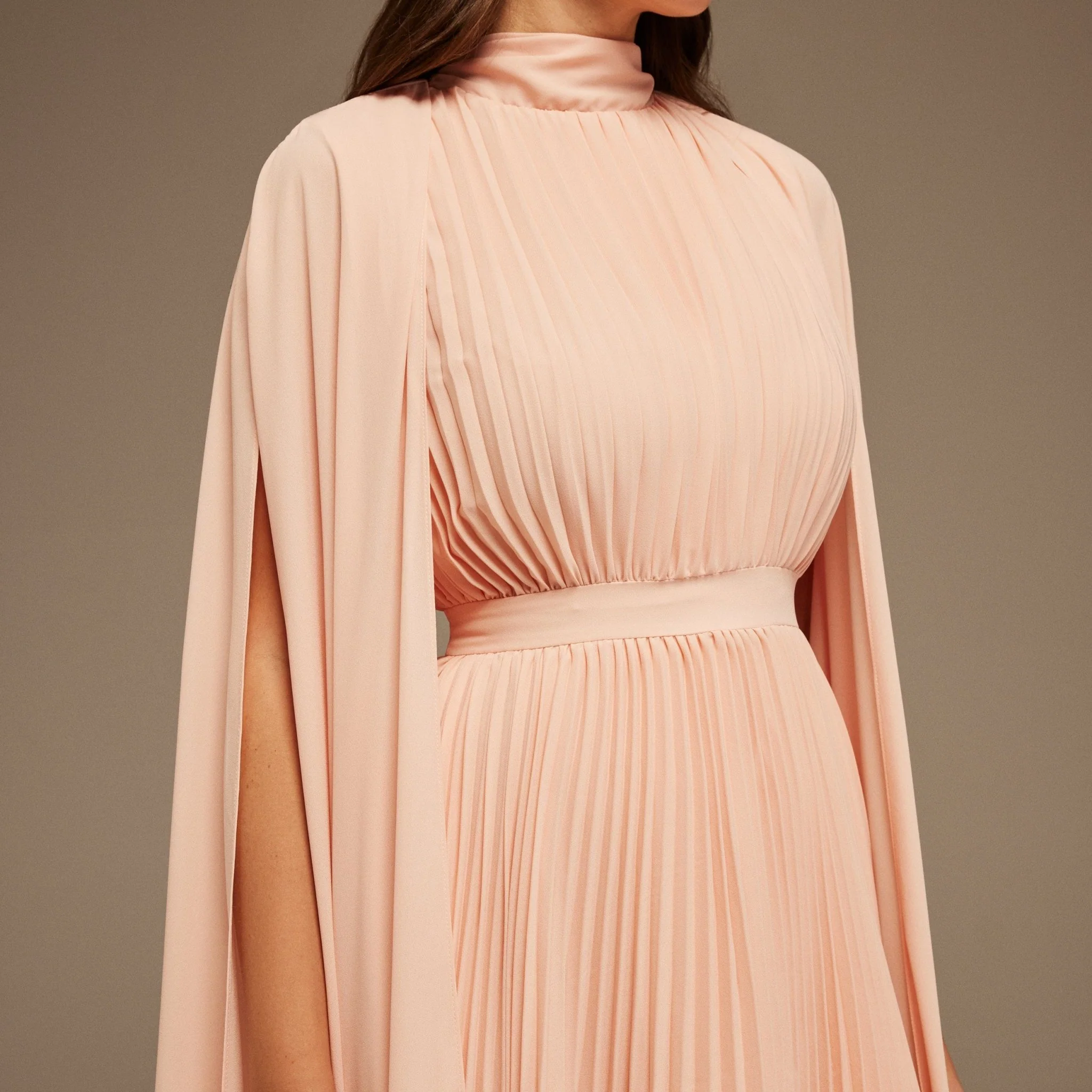 Pink Pleated A-line Dress with Cape Sleeves and High Neck Scarf - Image 3