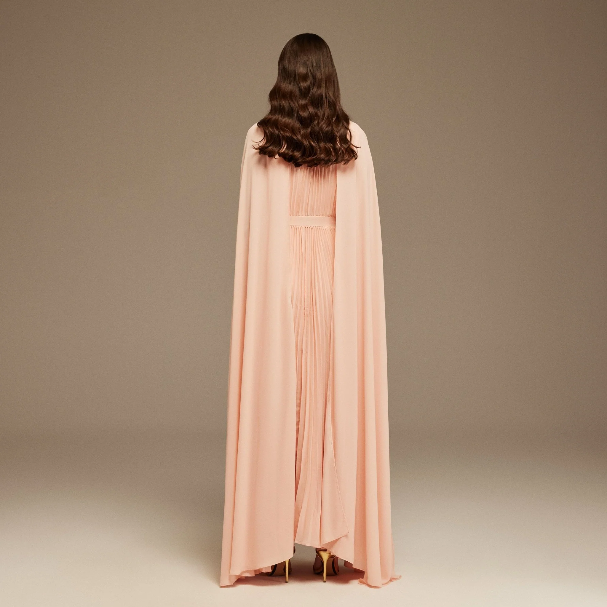 Pink Pleated A-line Dress with Cape Sleeves and High Neck Scarf - Image 4