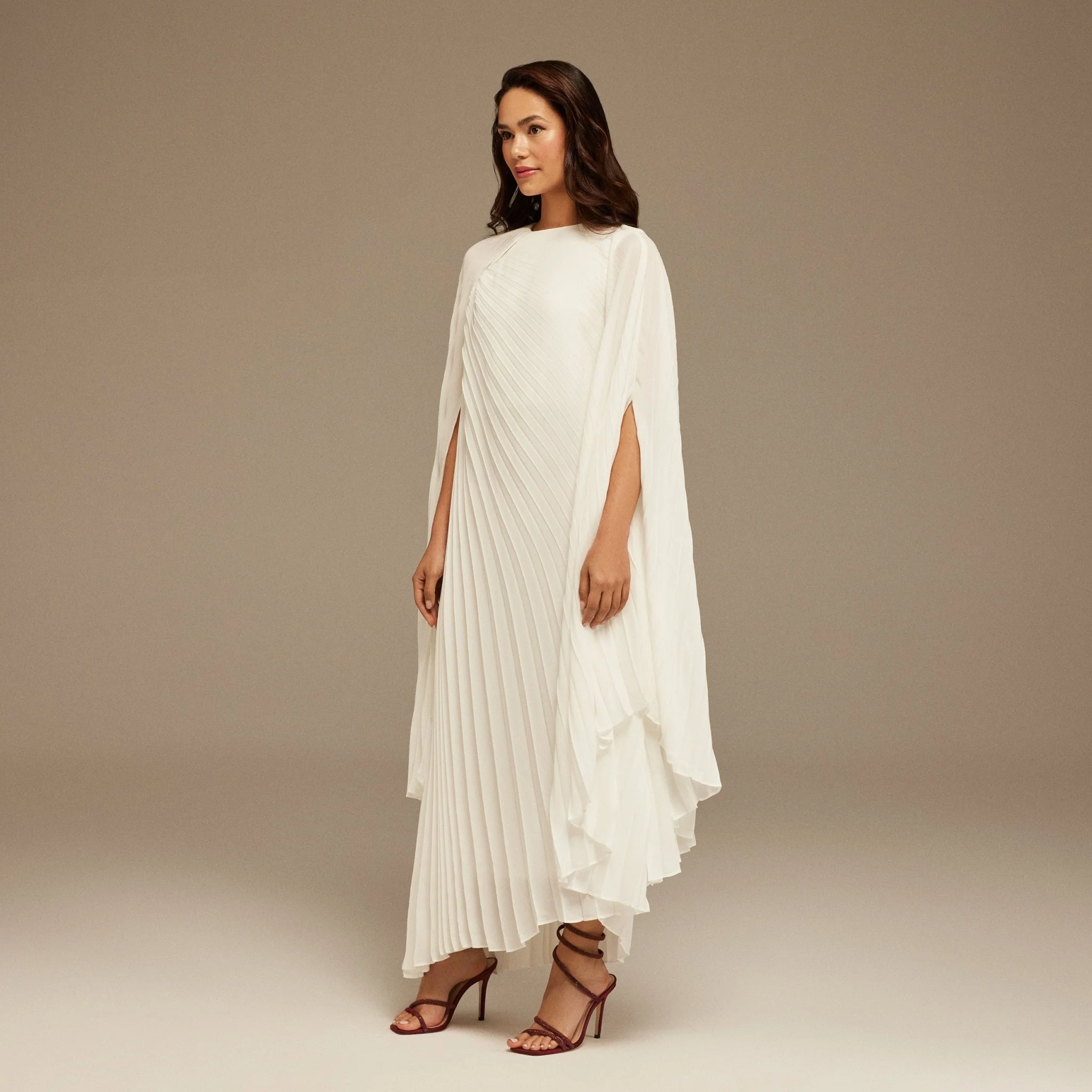 White Pleated Cape Midi Dress - Image 2