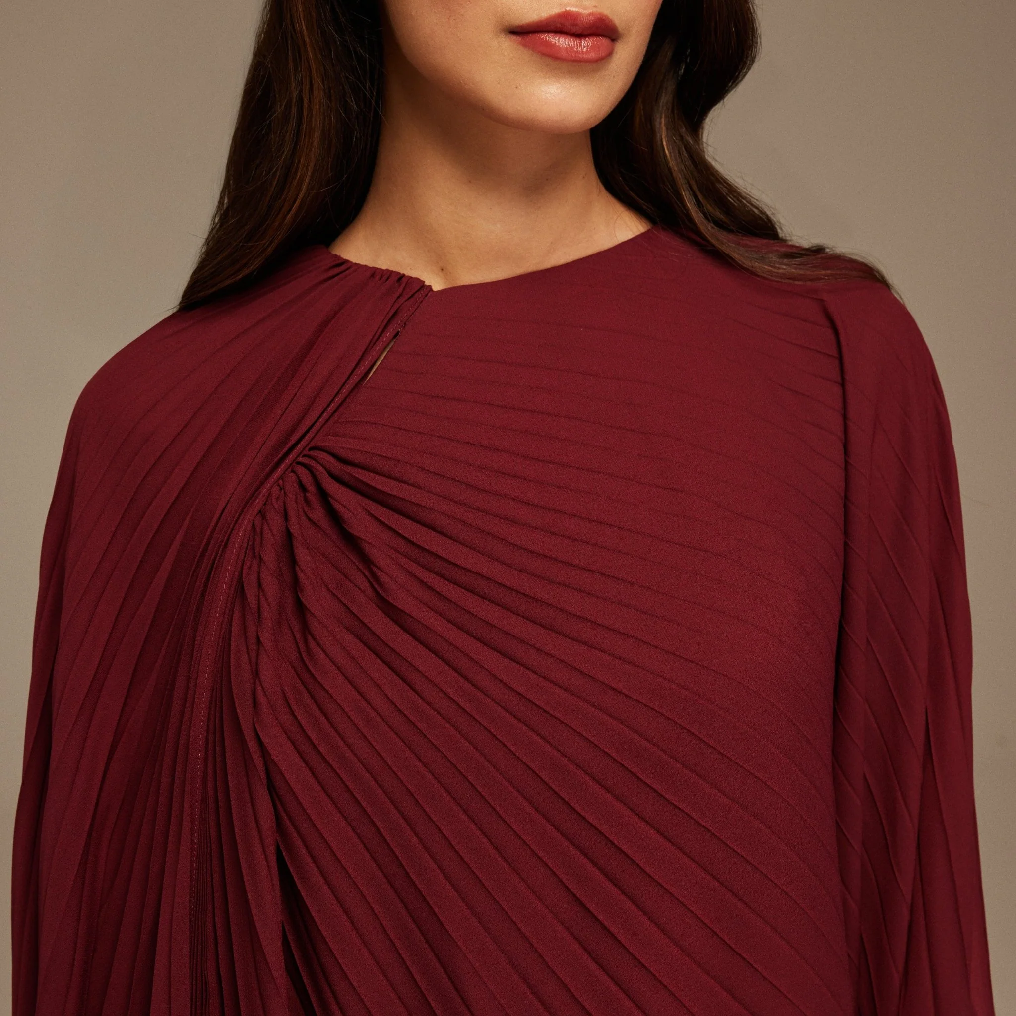 Burgundy Pleated Cape Midi Dress - Image 3
