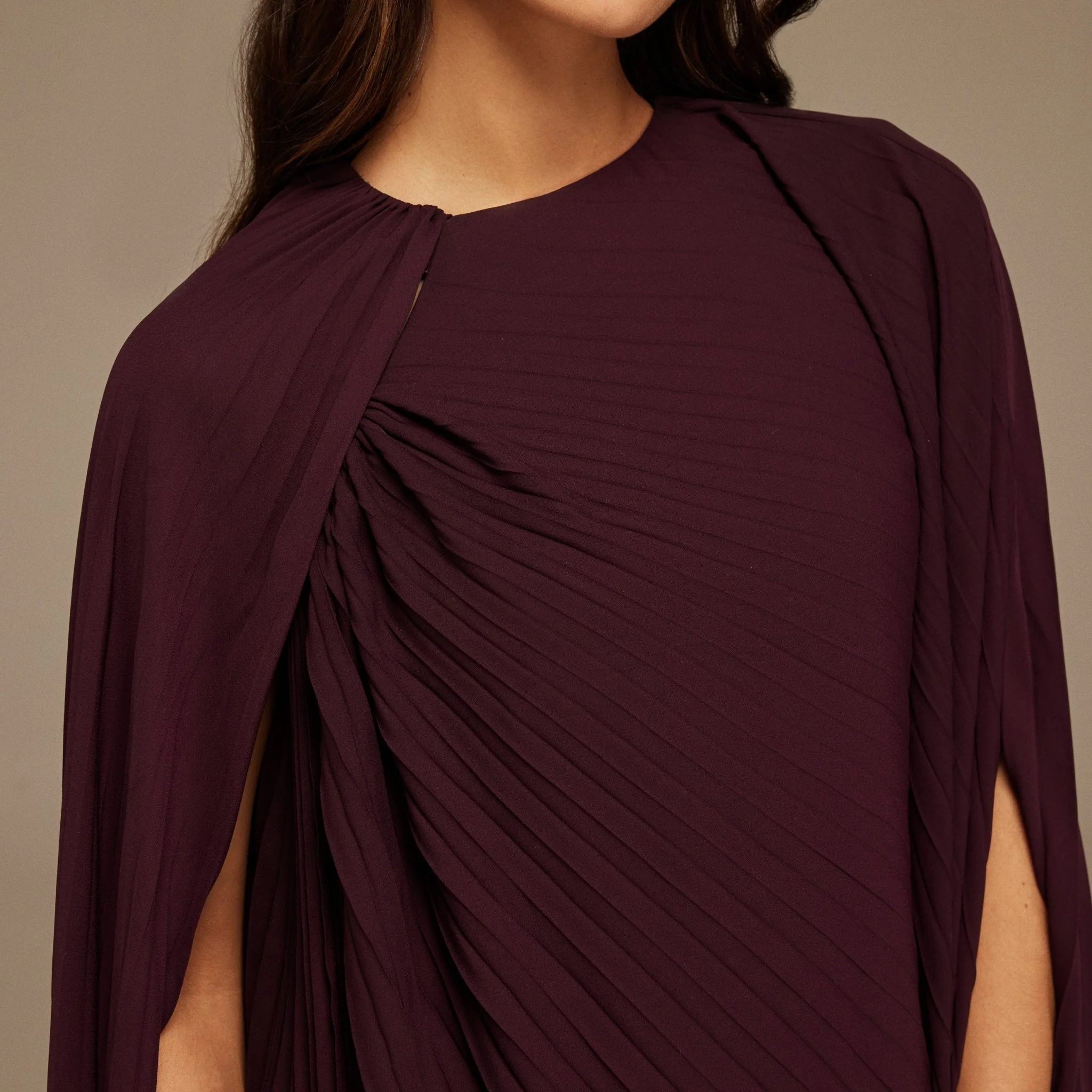 Purple Pleated Cape Midi Dress - Image 3