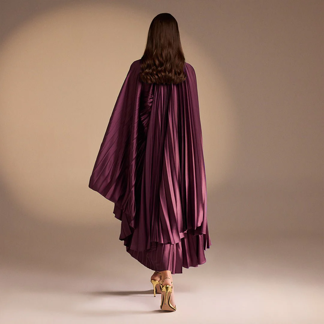 Purple Cape Pleated Satin Midi Dress - Image 4