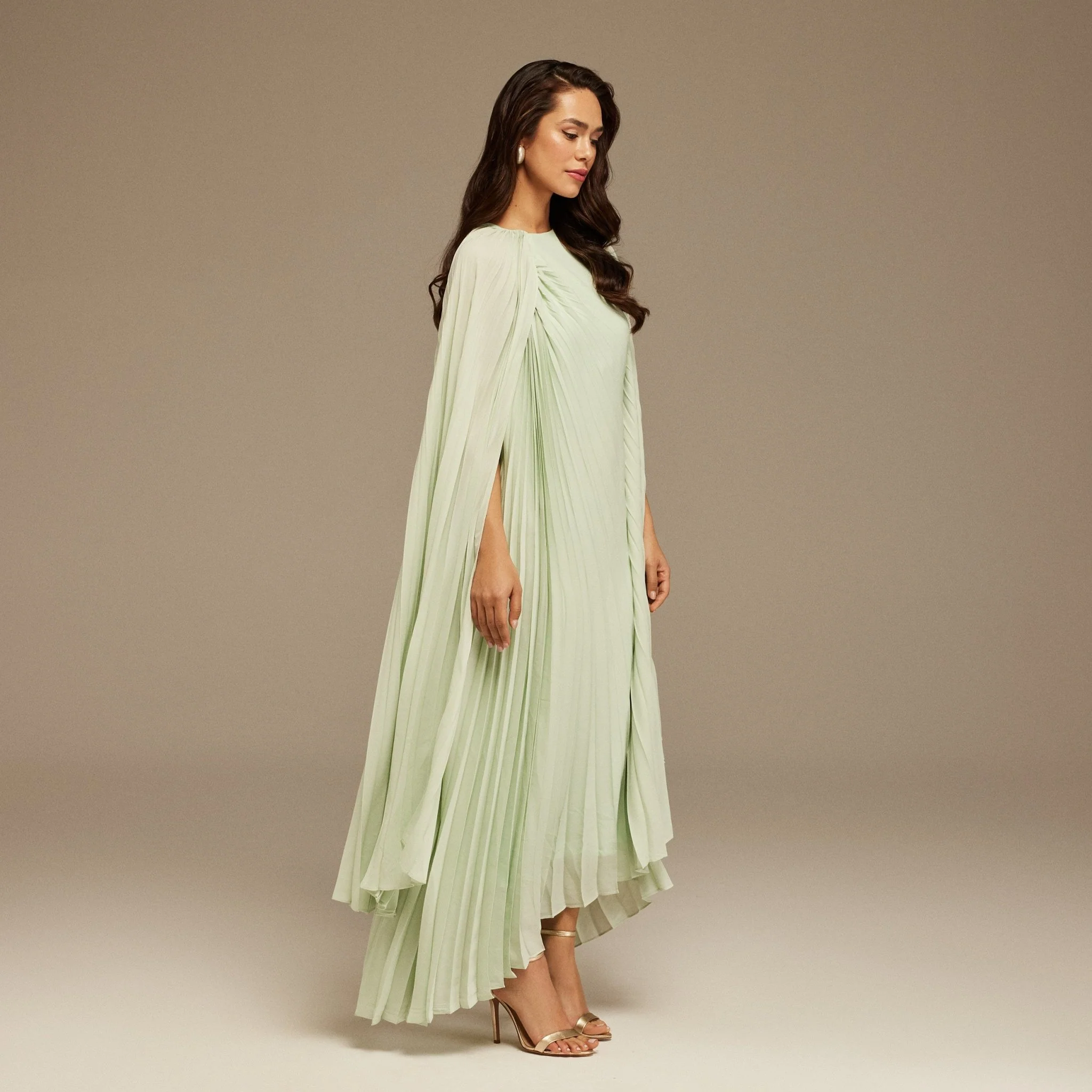 Green Pleated Cape Midi Dress - Image 3