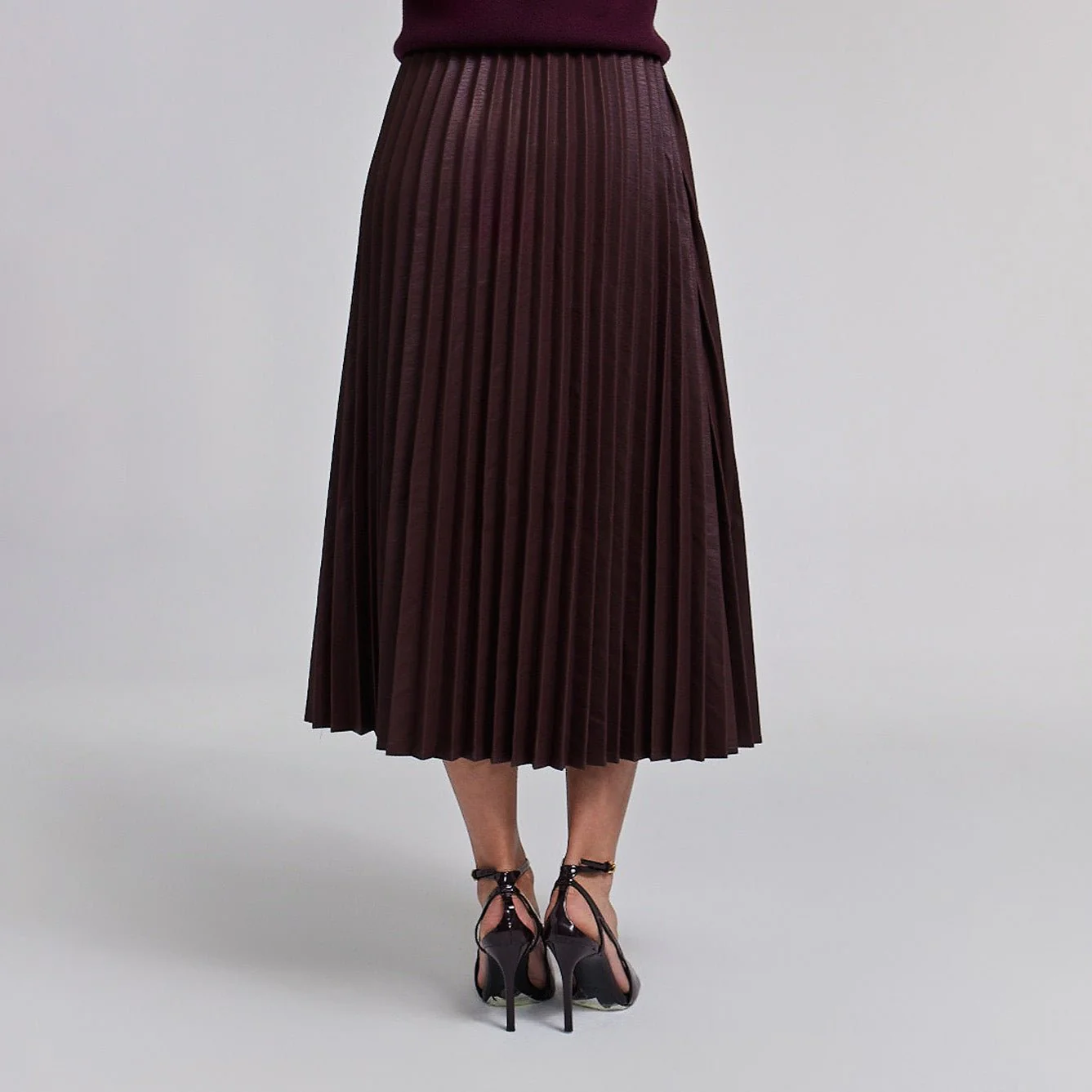 Pleated Leather Midi Skirt Dark Red - Image 3