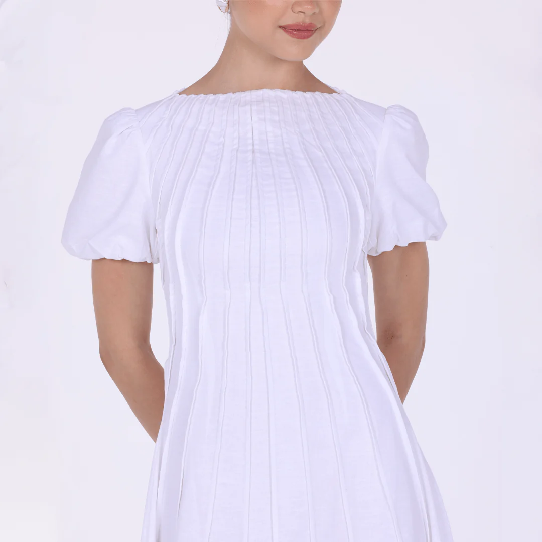 Pleated Linen Maxi Dress with Puff Short Sleeves - Image 4