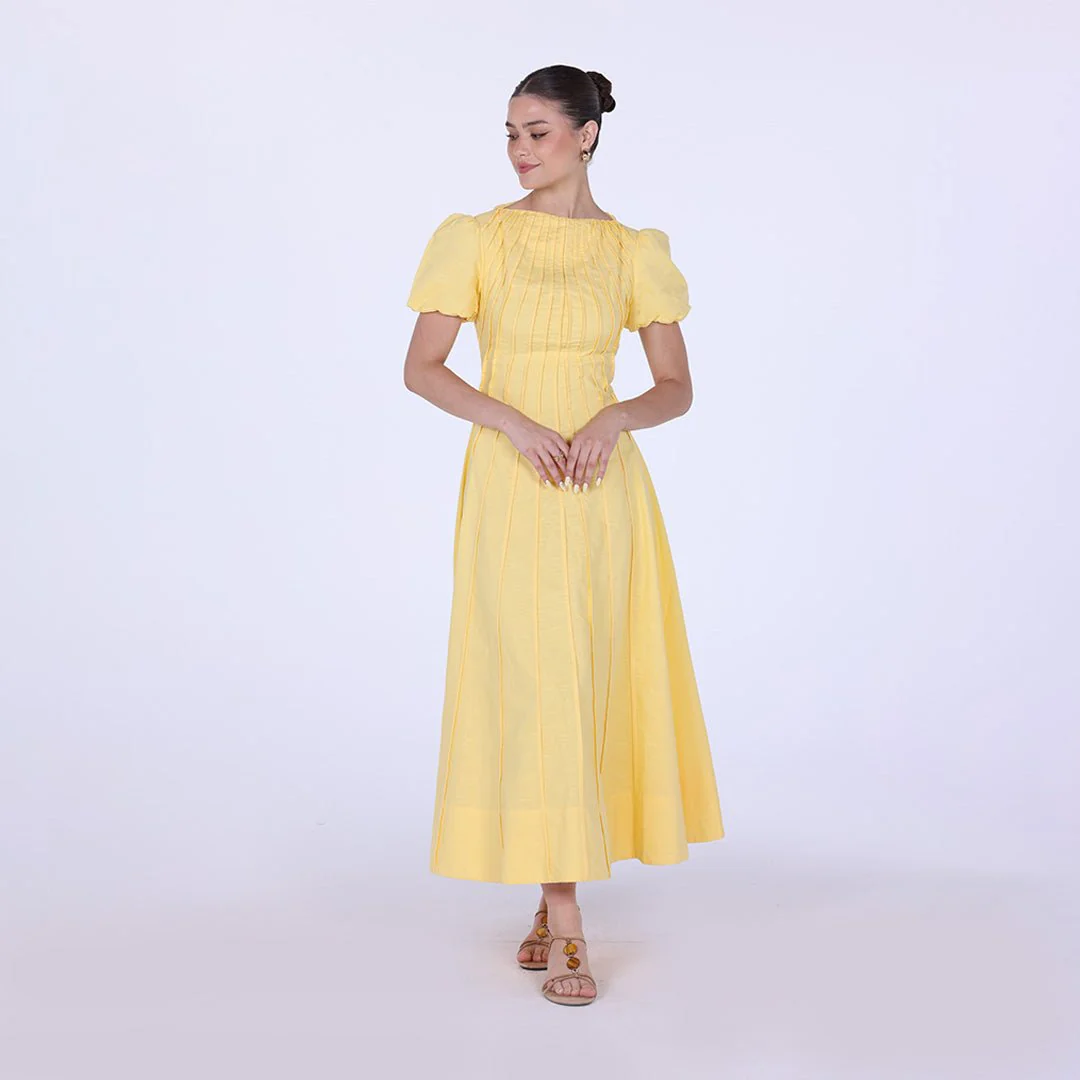 Pleated Linen Maxi Dress with Puff Short Sleeves - Image 7