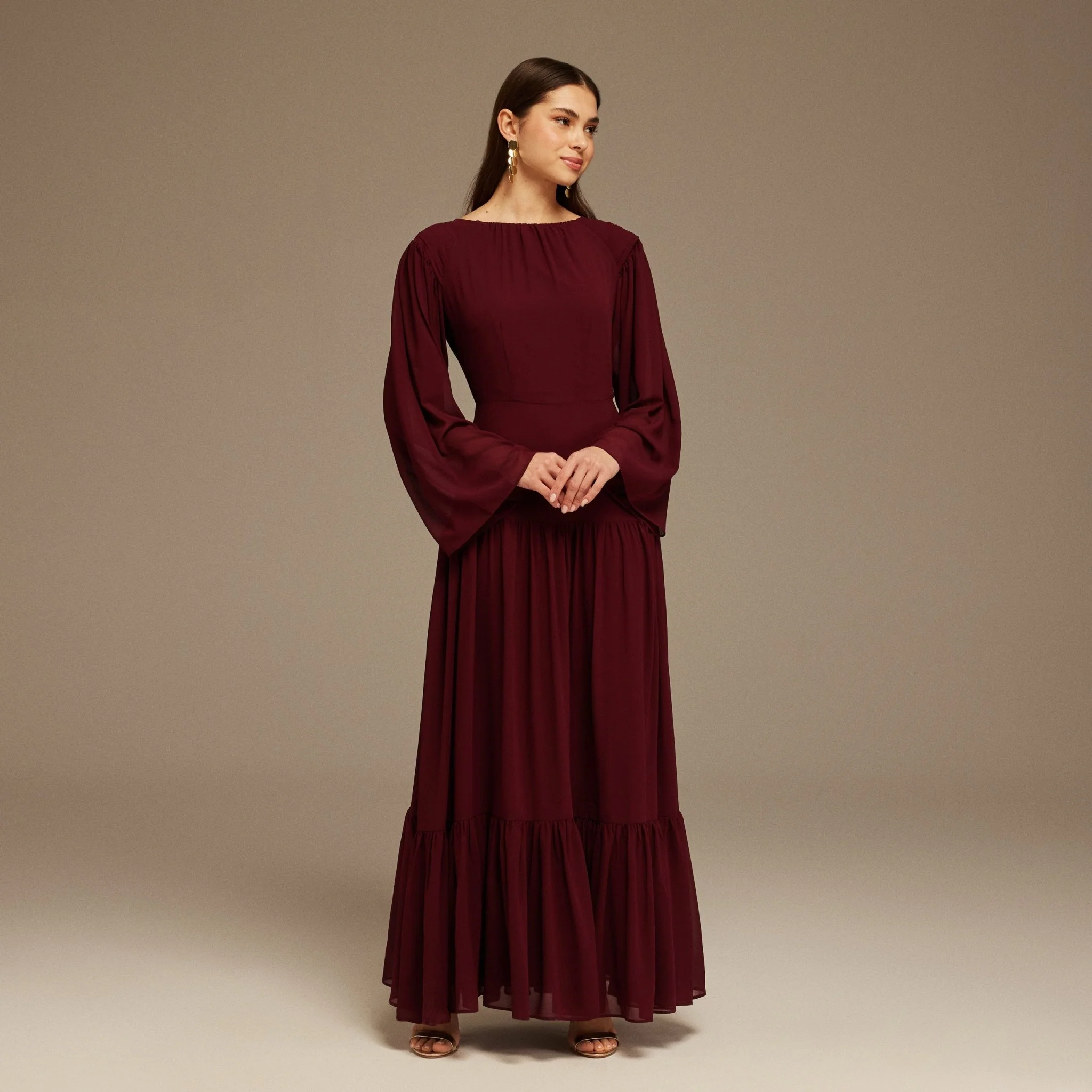 Pleated Long Sleeve Chiffon Maxi Dress - Image 2
