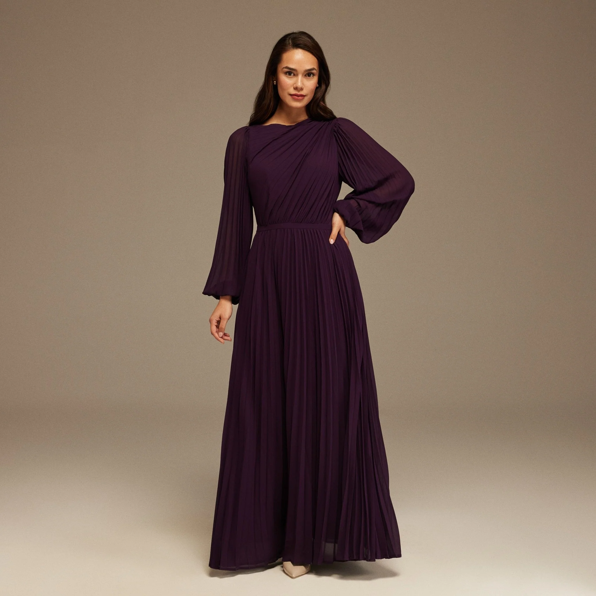 Dark Purple Pleated Long Sleeve Maxi Dress