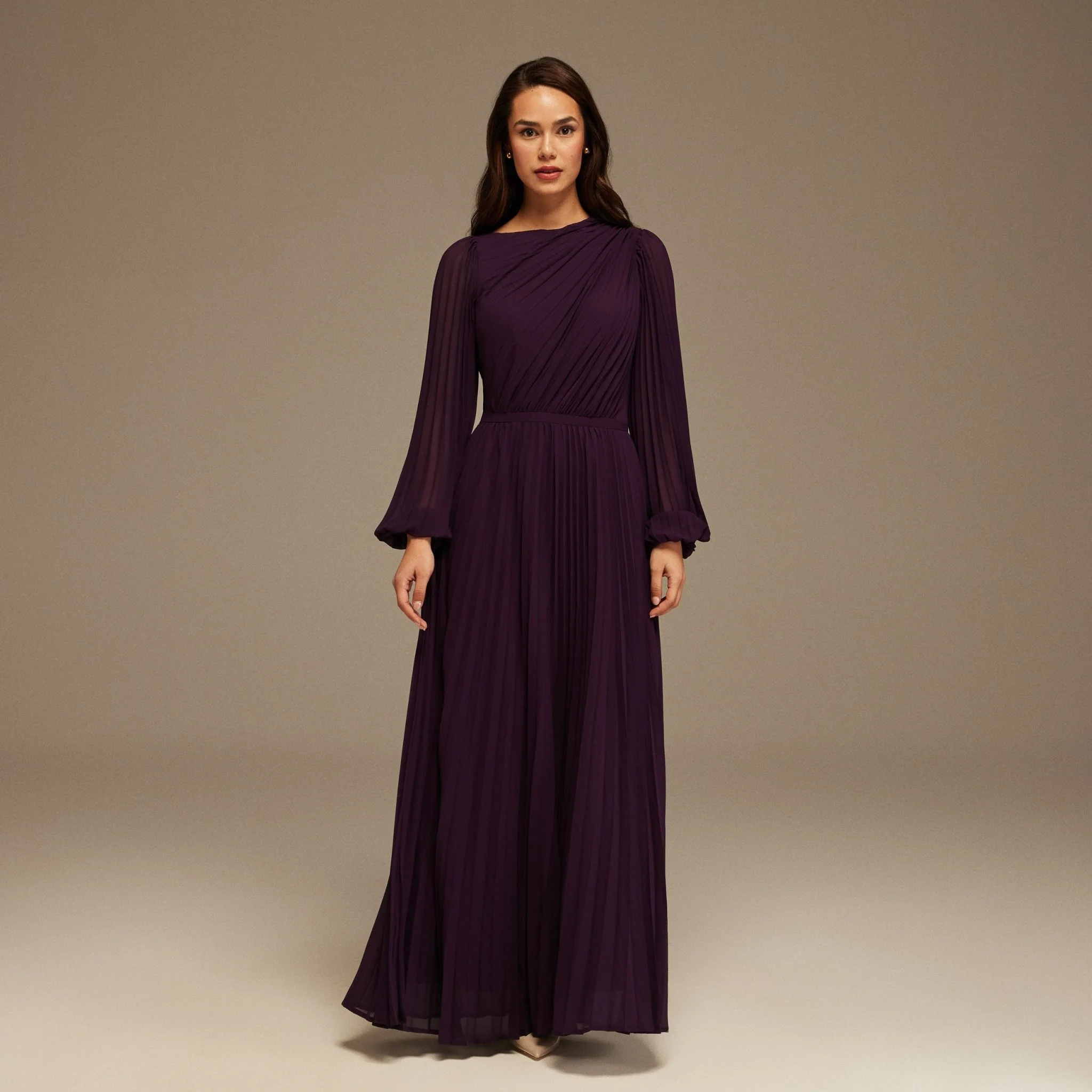 Dark Purple Pleated Long Sleeve Maxi Dress - Image 2