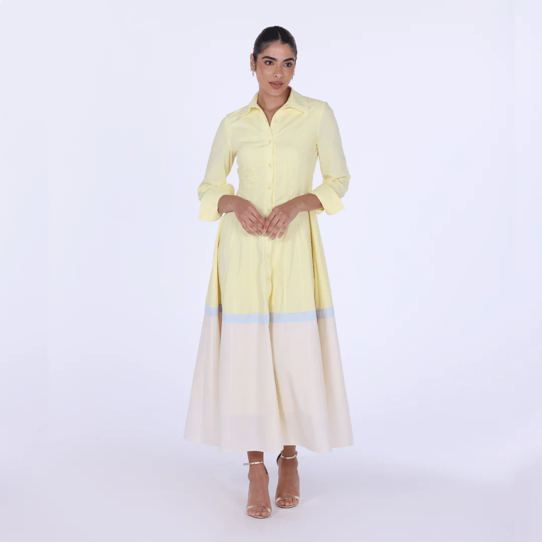 Yellow Pleated Long Sleeve Maxi Shirt Dress