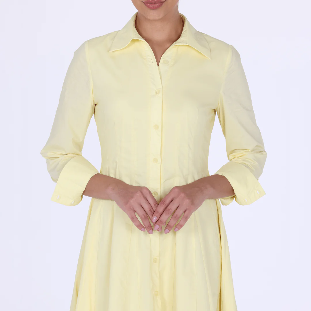Yellow Pleated Long Sleeve Maxi Shirt Dress - Image 3
