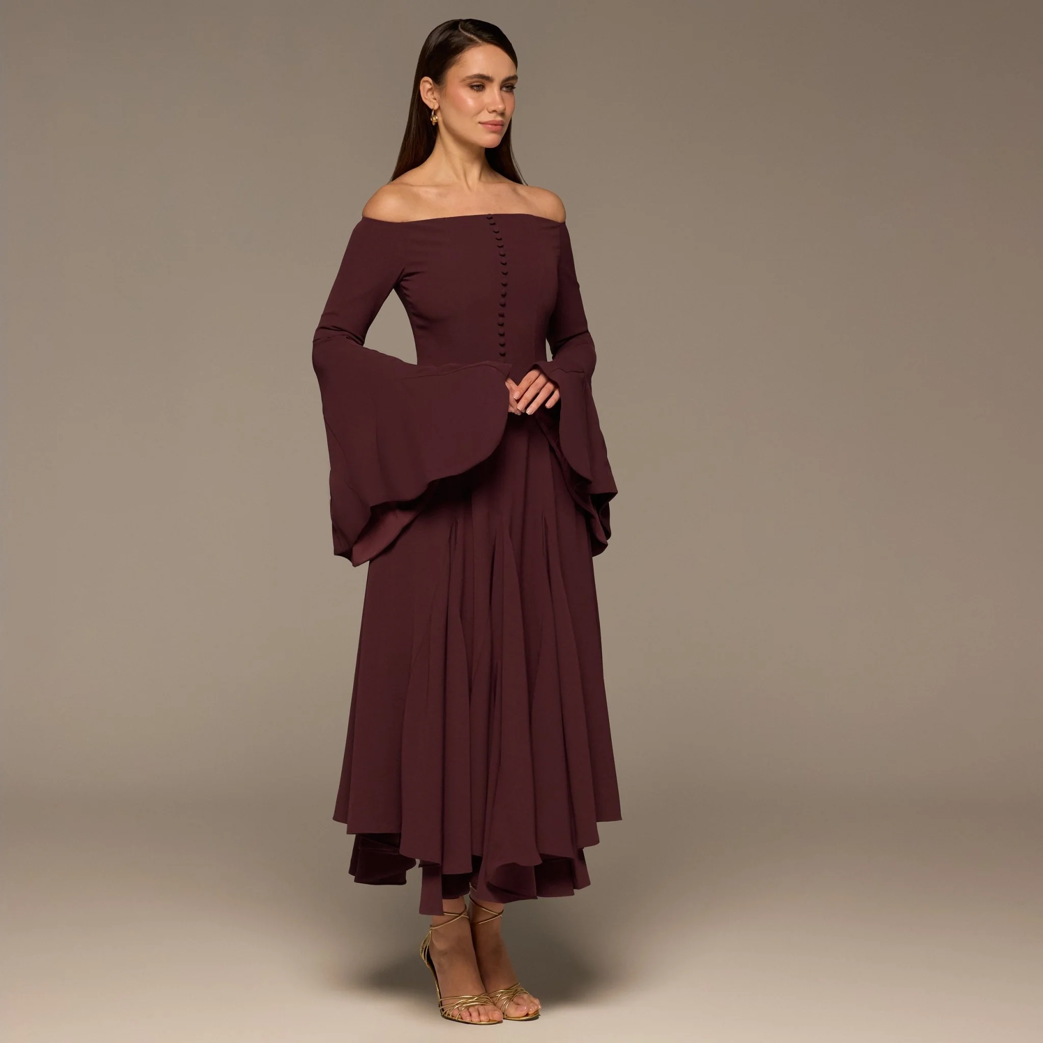 Plum Crepe Off Shoulder A-line Midi Dress - Image 2