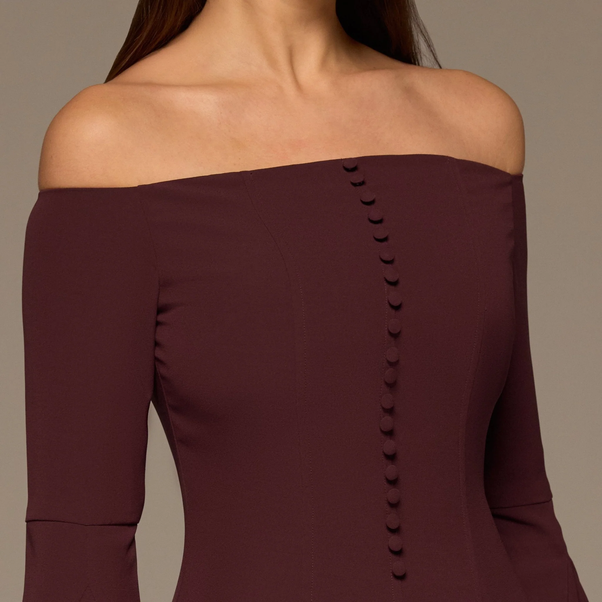 Plum Crepe Off Shoulder A-line Midi Dress - Image 4