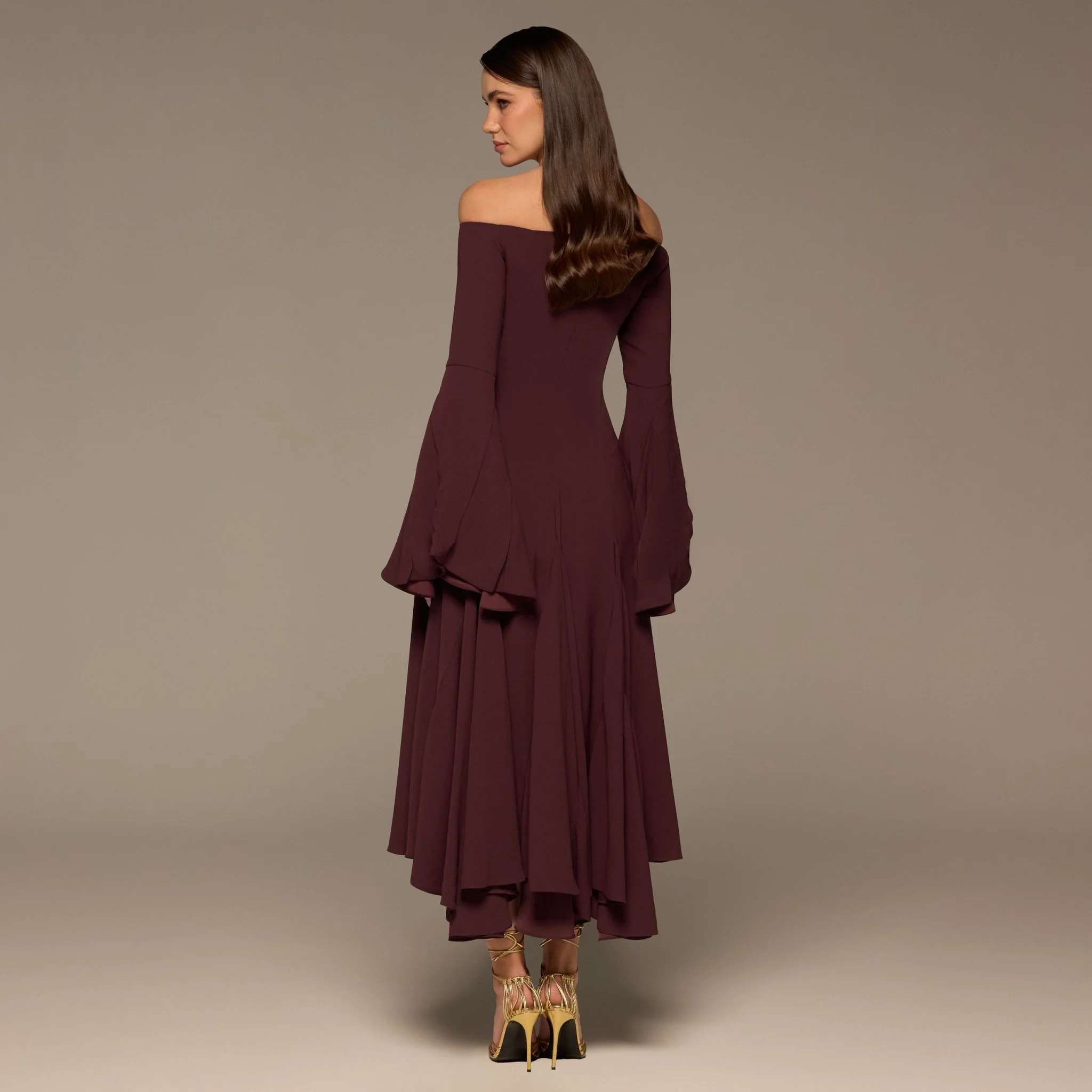 Plum Crepe Off Shoulder A-line Midi Dress - Image 5