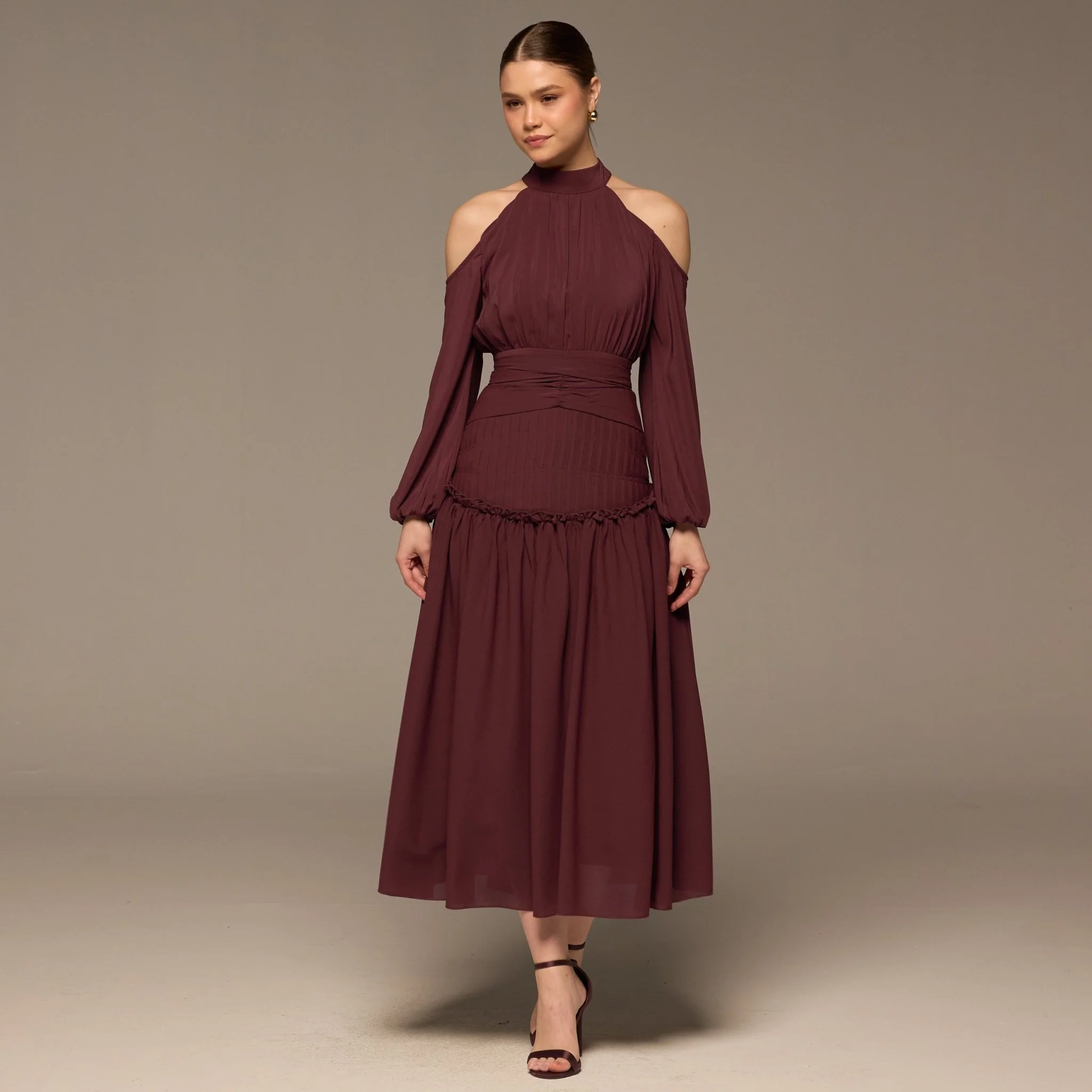 Plum Cold Shoulder Chiffon Dress