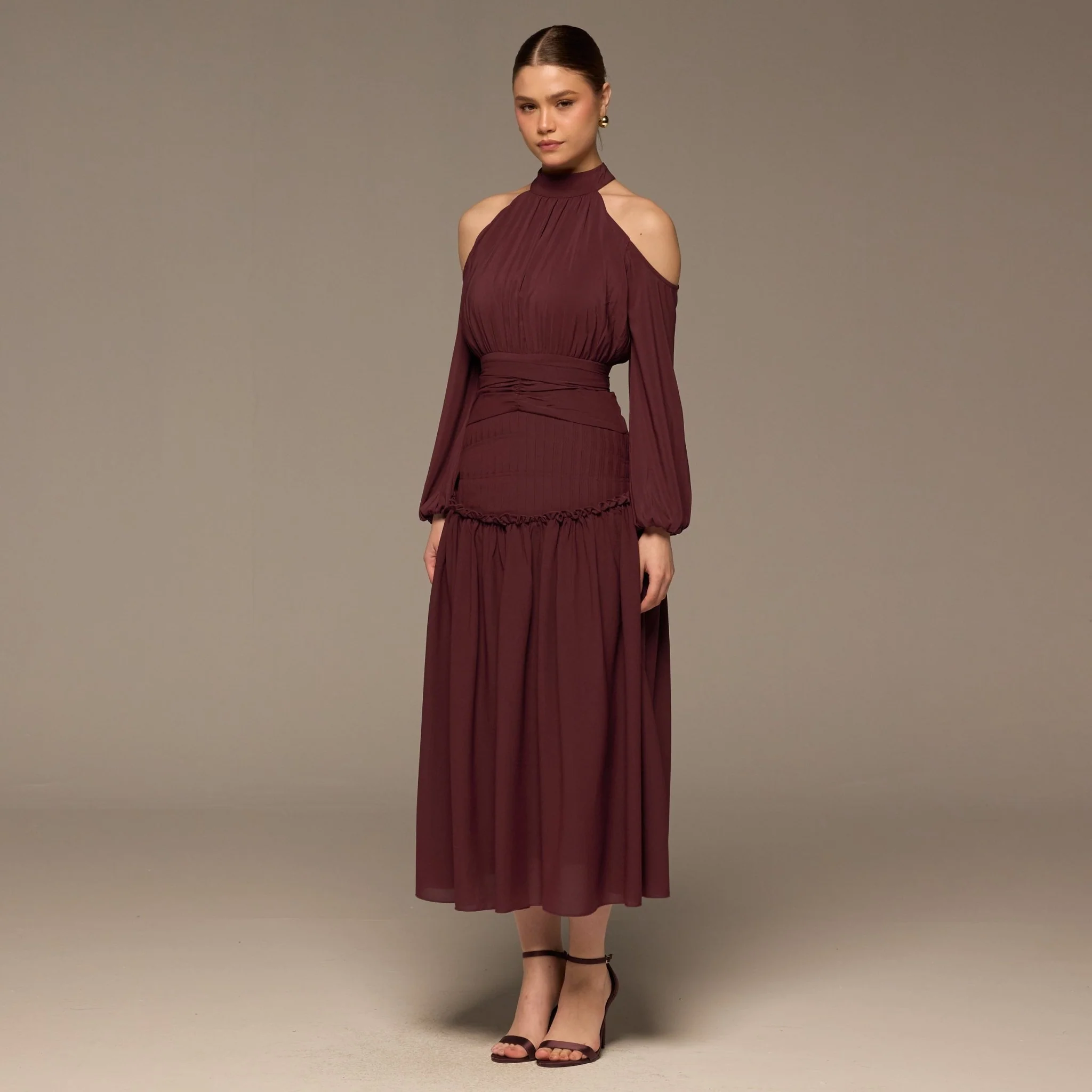 Plum Cold Shoulder Chiffon Dress - Image 2