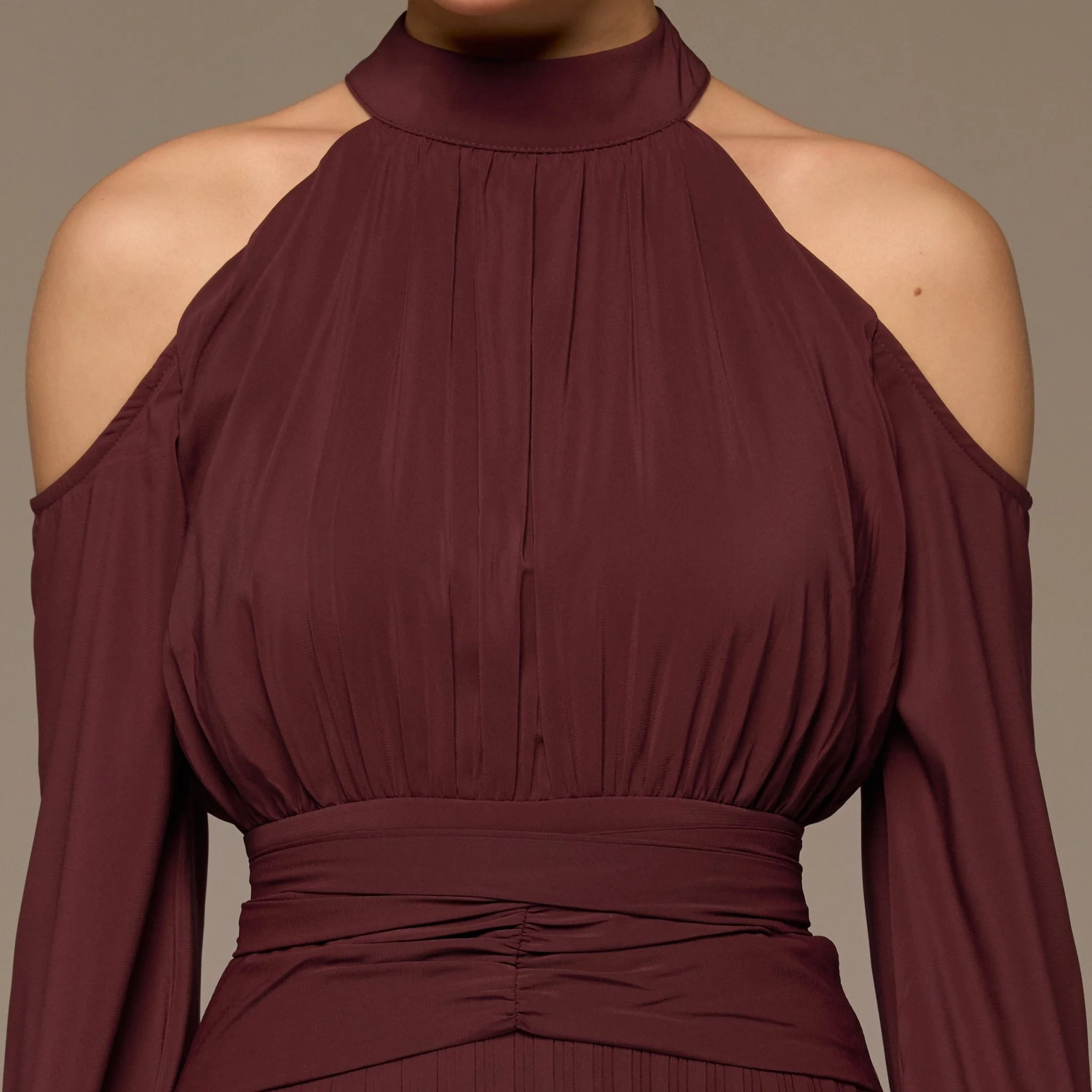 Plum Cold Shoulder Chiffon Dress - Image 3