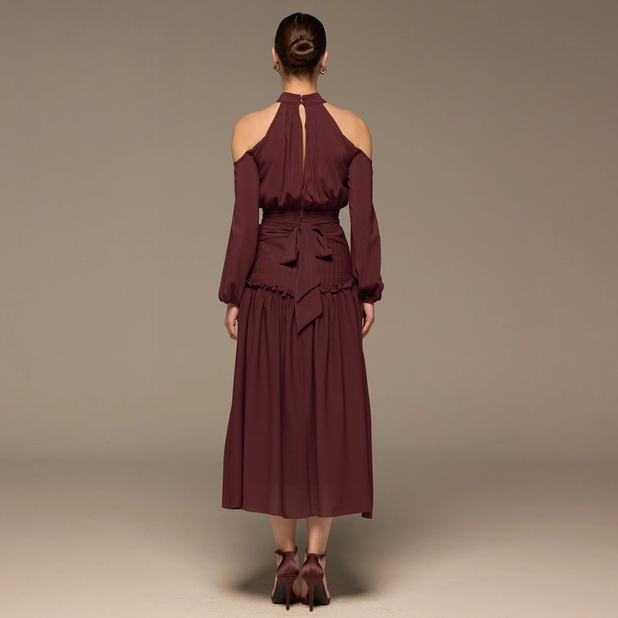 Plum Cold Shoulder Chiffon Dress - Image 4