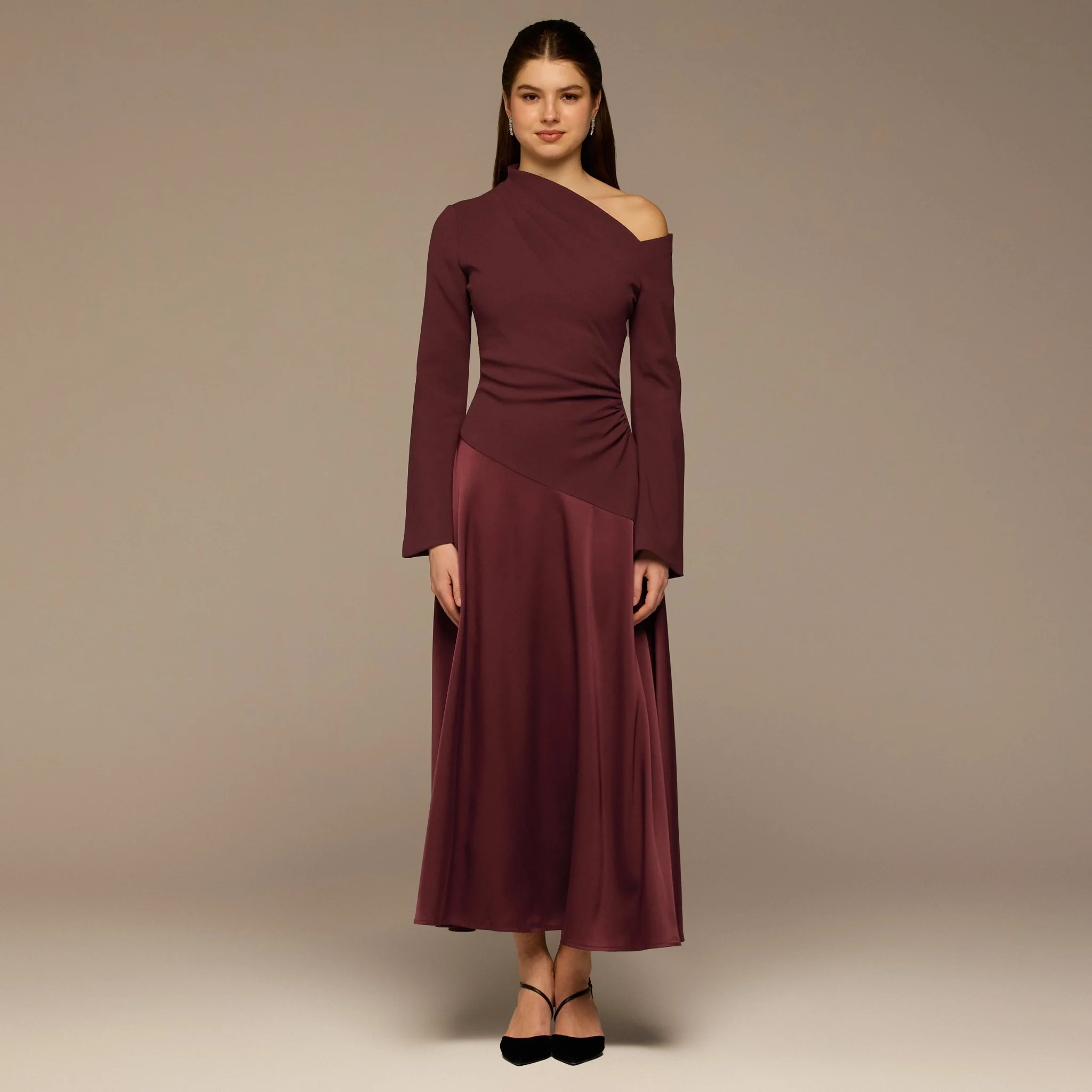 Plum Crepe & Satin One Shoulder Maxi Dress