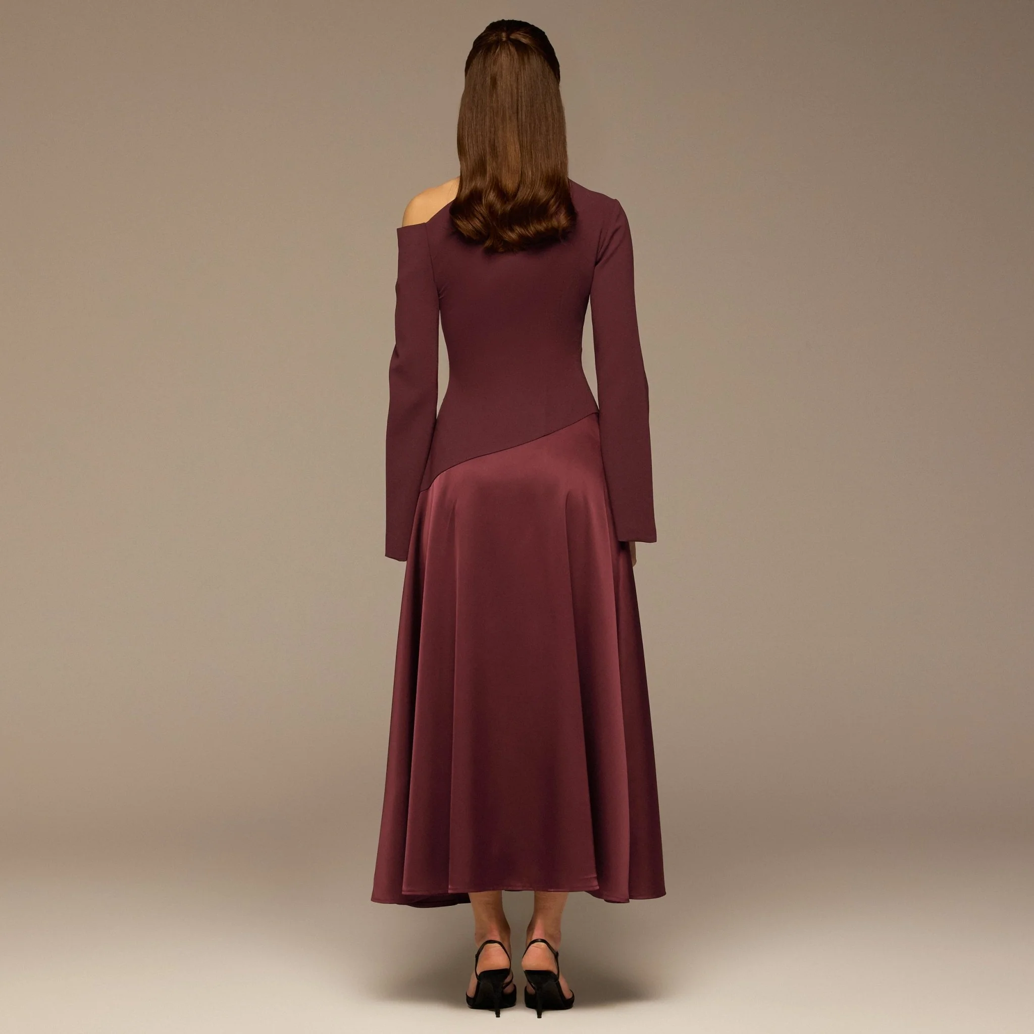 Plum Crepe & Satin One Shoulder Maxi Dress - Image 4