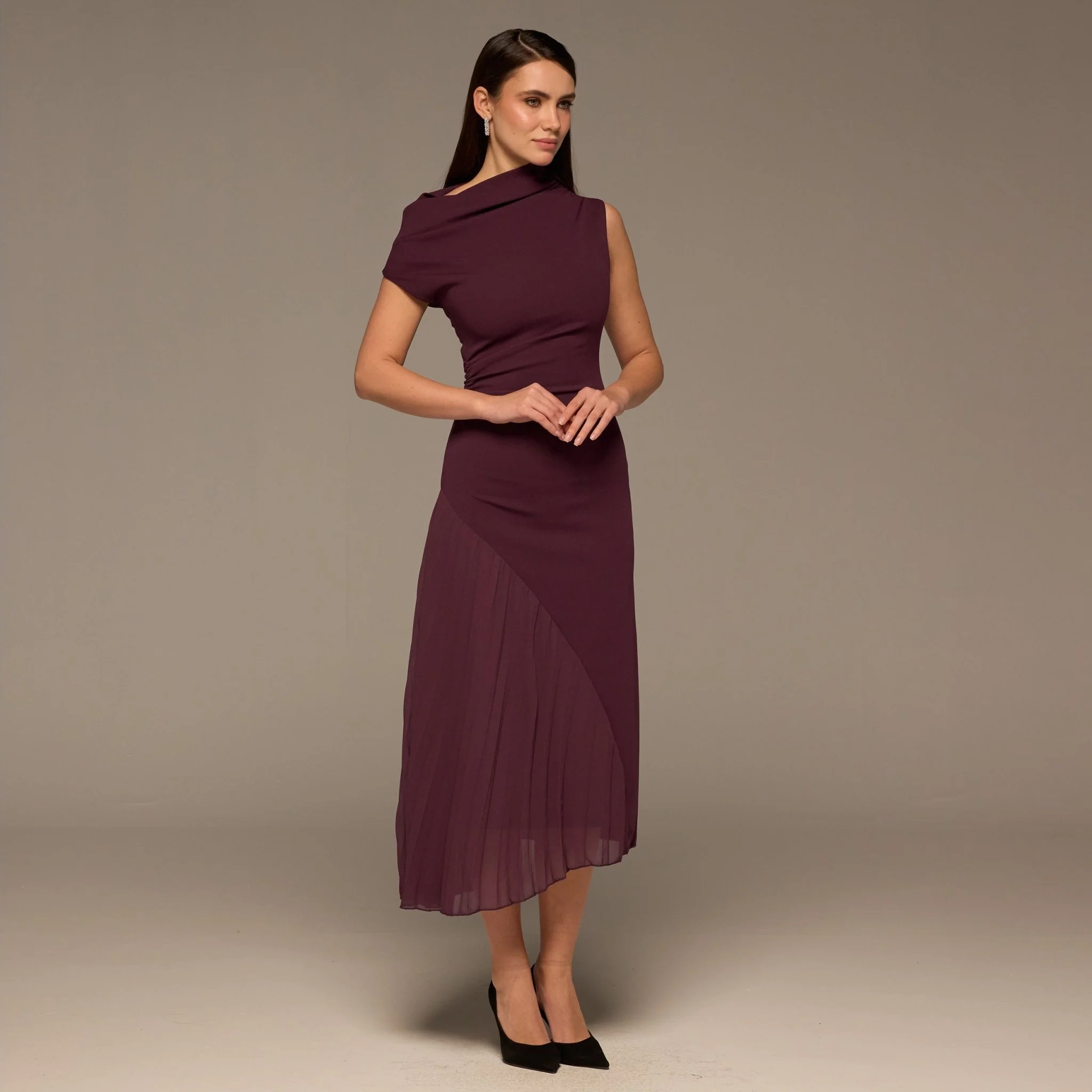 Plum Crepe & Chiffon Asymmetric Midi Dress - Image 2