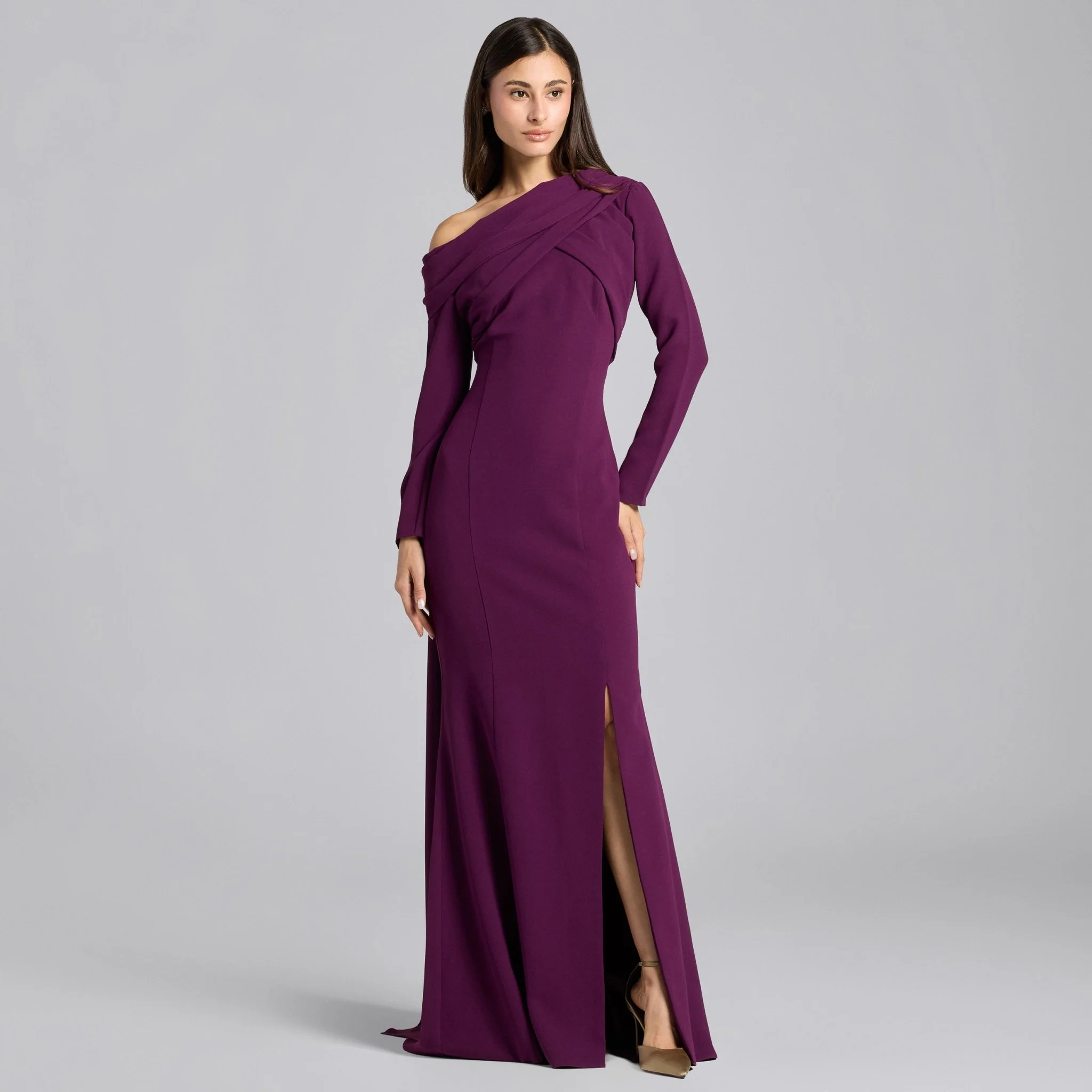 Plum Crepe Draped Mermaid Gown - Image 2