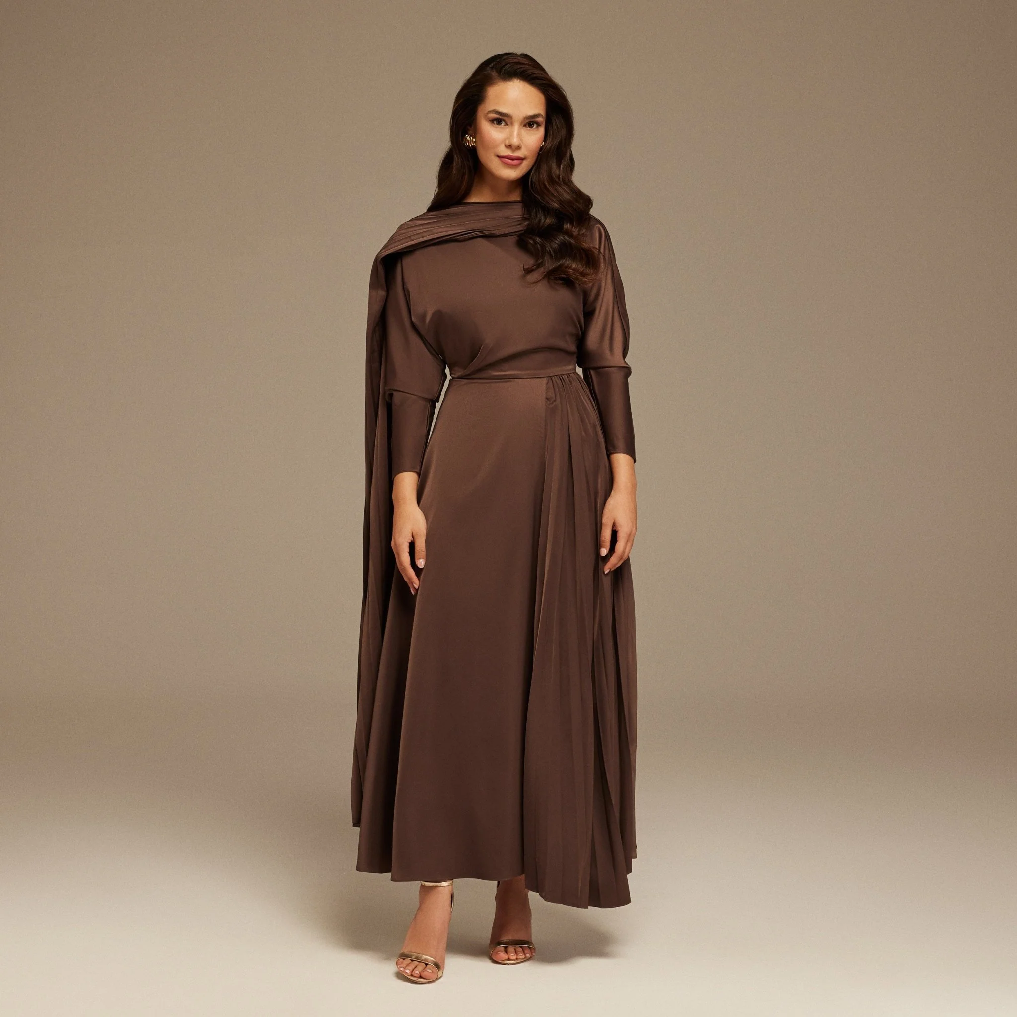 Brown Long Sleeve Midi Dress With Scarf