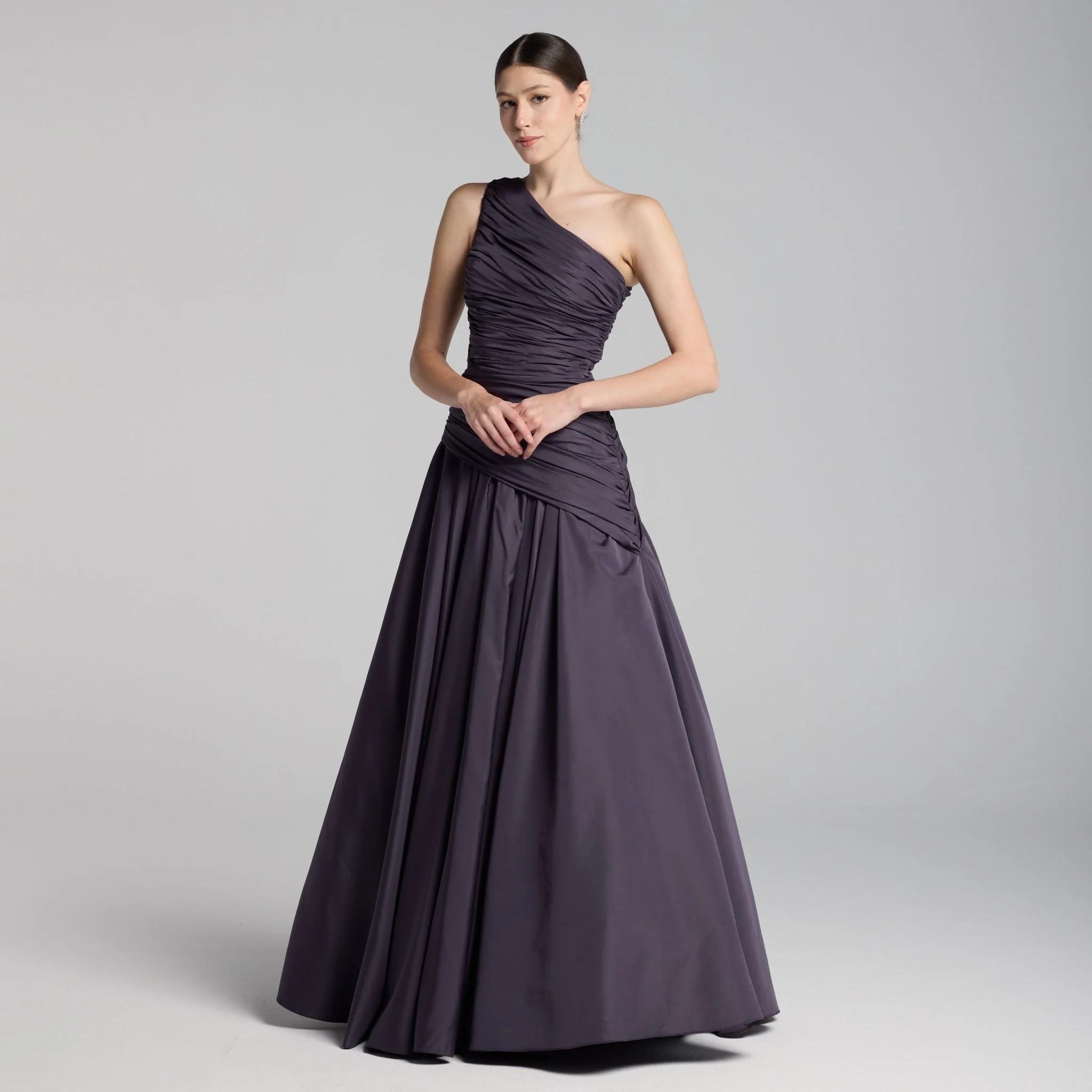 Plum One Shoulder Ruched Gown - Image 3