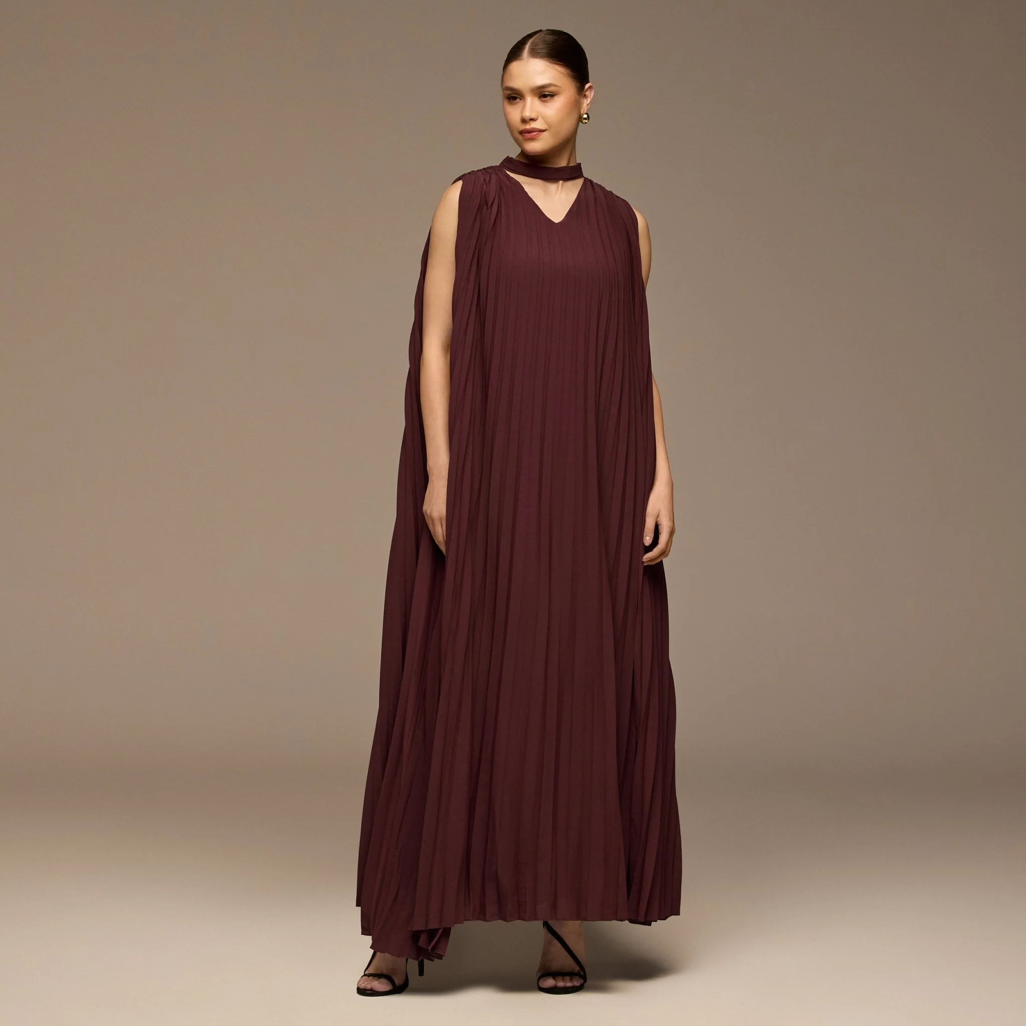 Plum V-Neck All Over Pleated Chiffon Maxi Dress