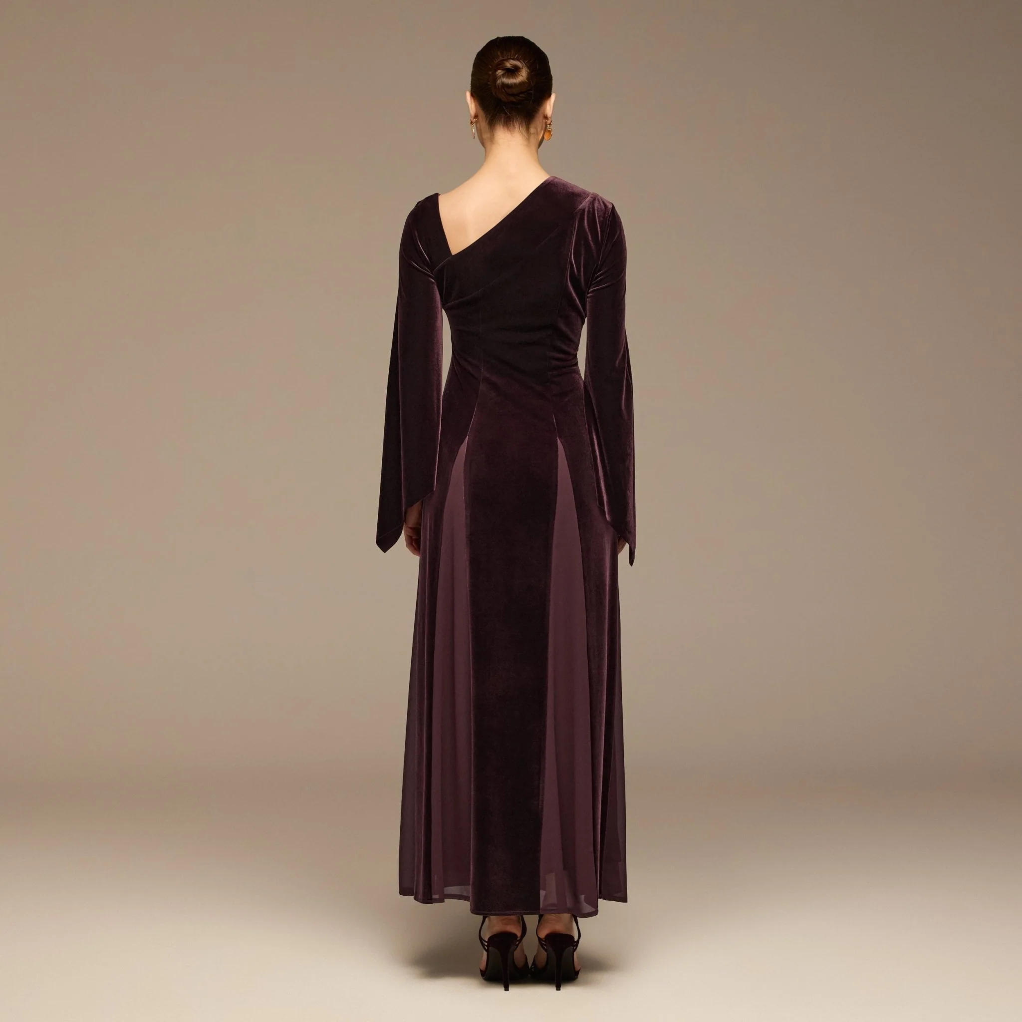 Plum Velvet Chiffon One-Shoulder Maxi Dress - Image 4