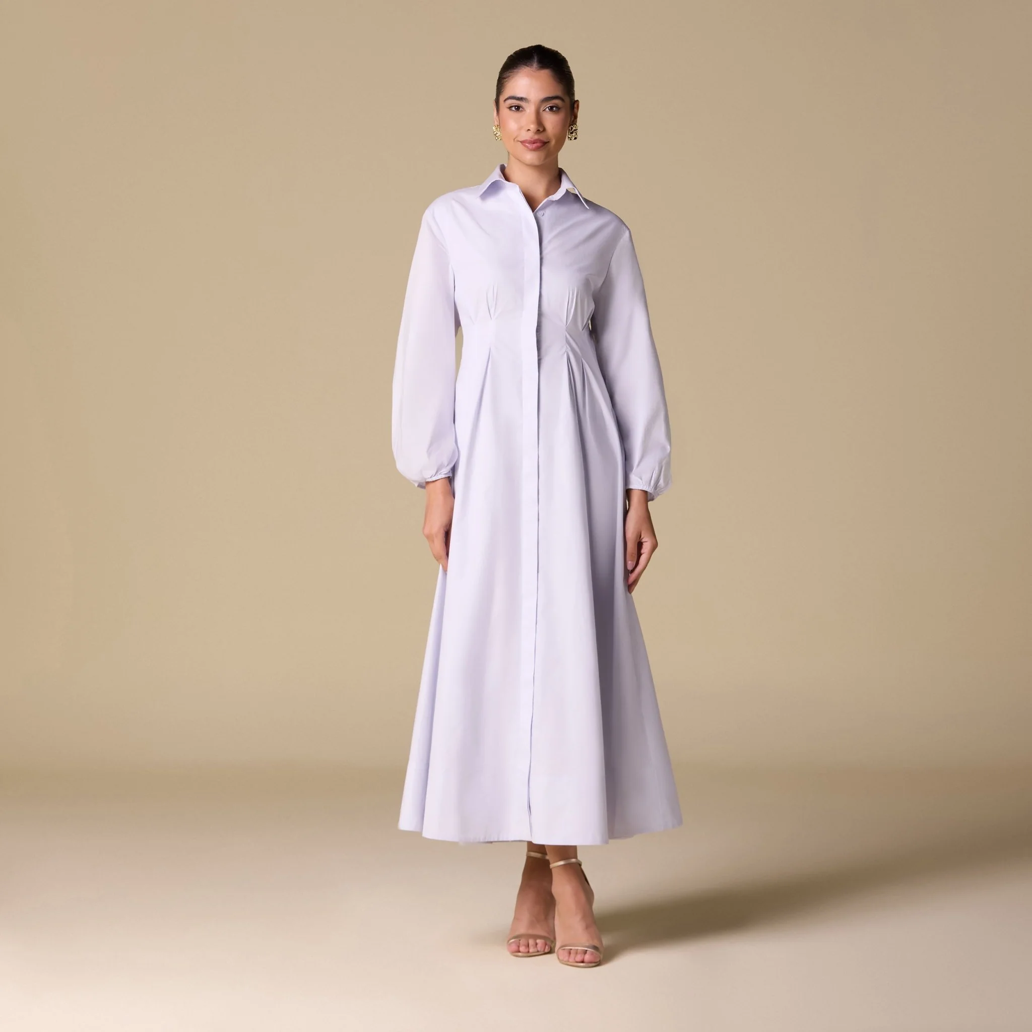 Poplin Pleated Maxi Shirt Dress with Hidden Buttons