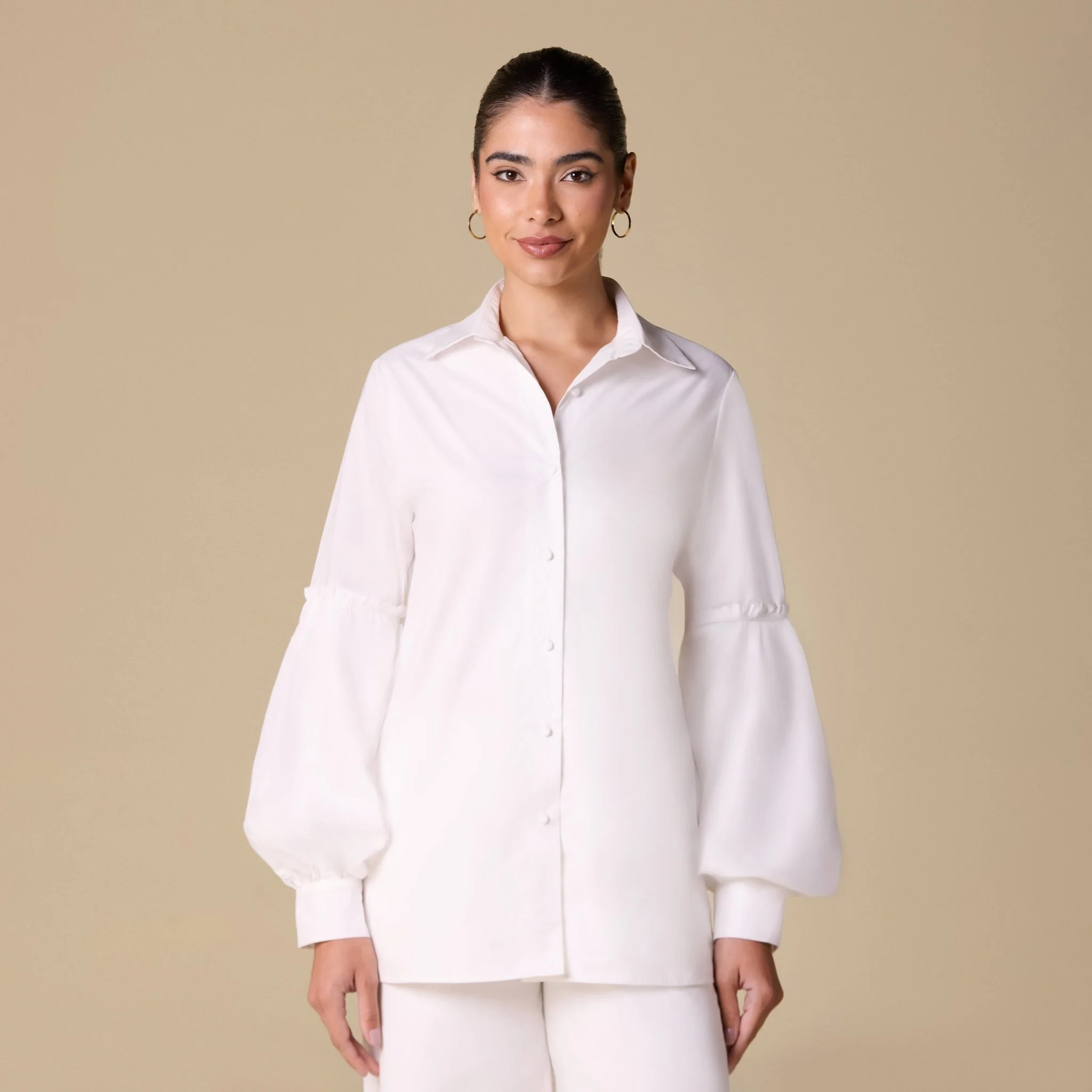 White Poplin Puff Sleeve Shirt with Fabric Buttons