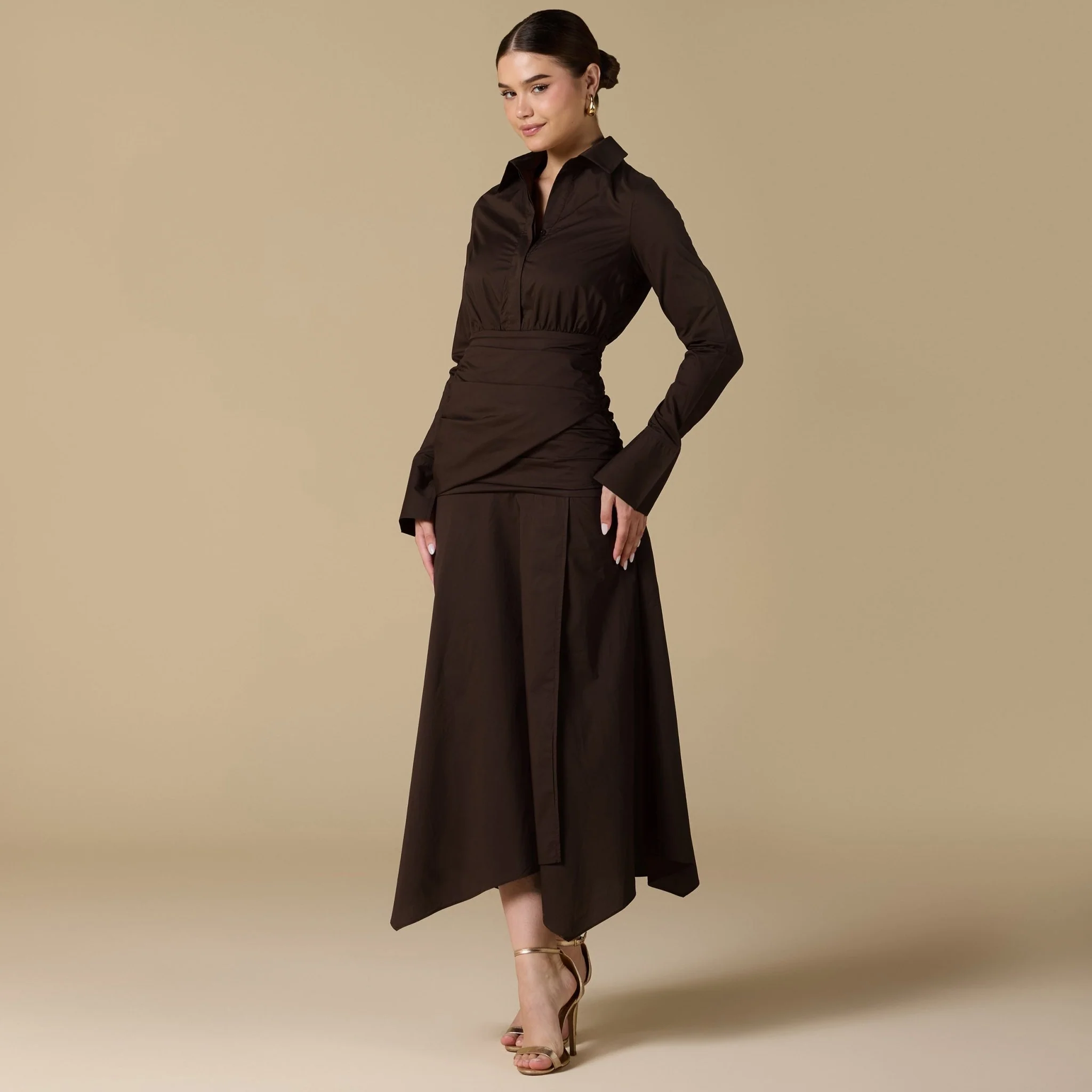 Brown Poplin Shirt Dress With Gathered Waist - Image 4