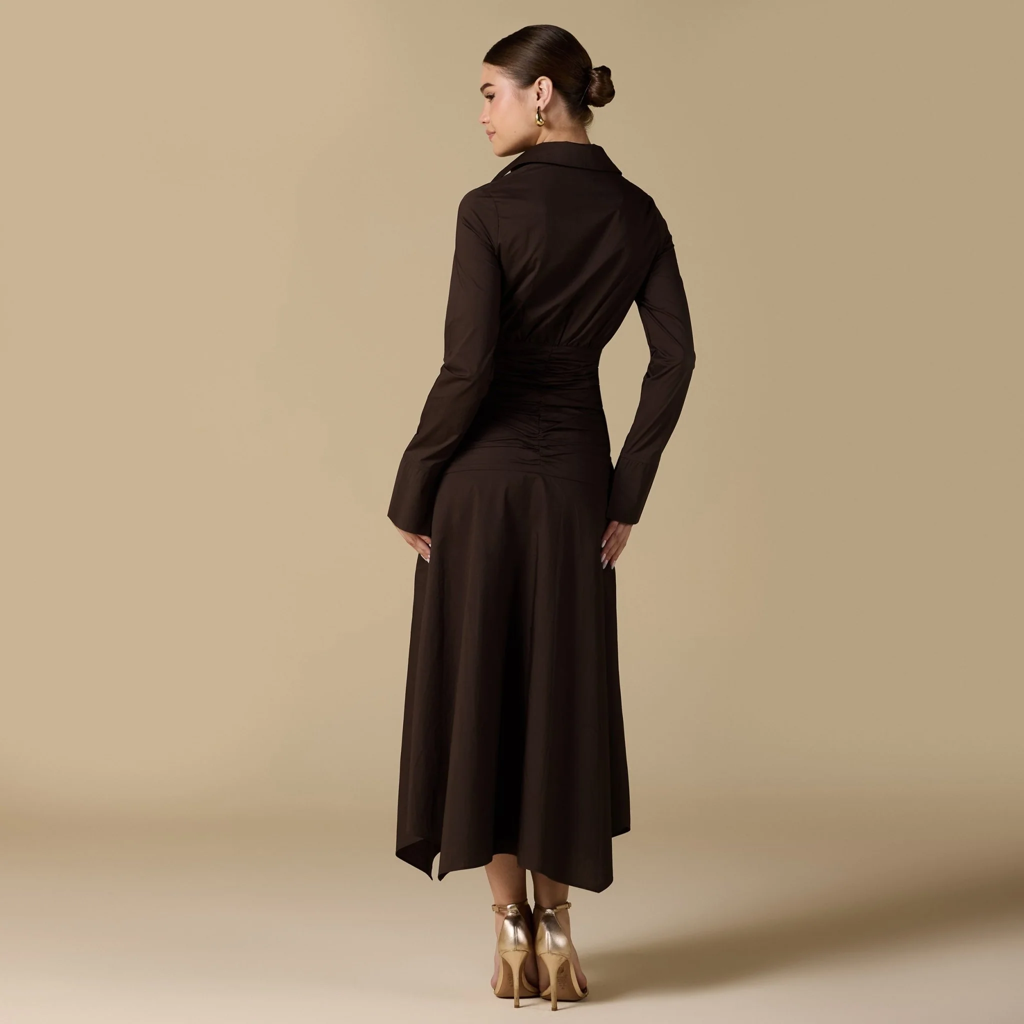 Brown Poplin Shirt Dress With Gathered Waist - Image 5