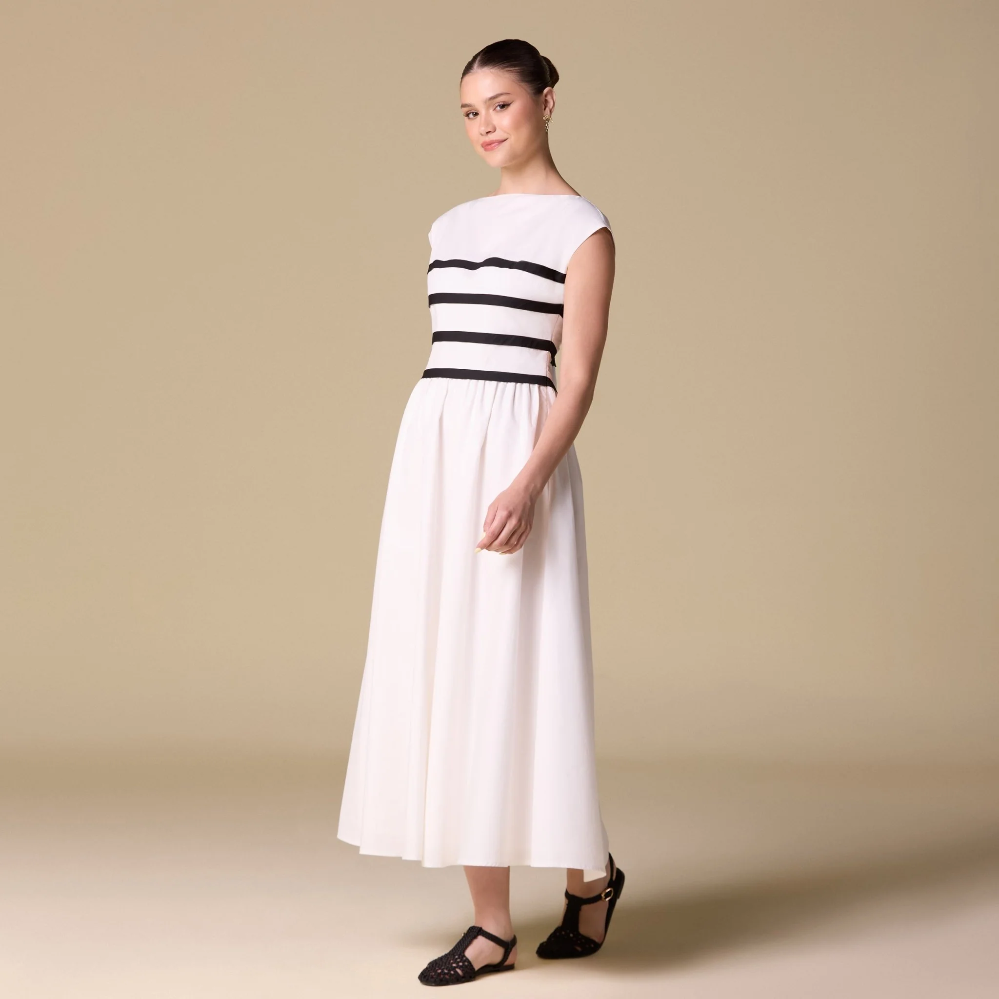 White Poplin Striped Flared A Line Midi Dress - Image 2