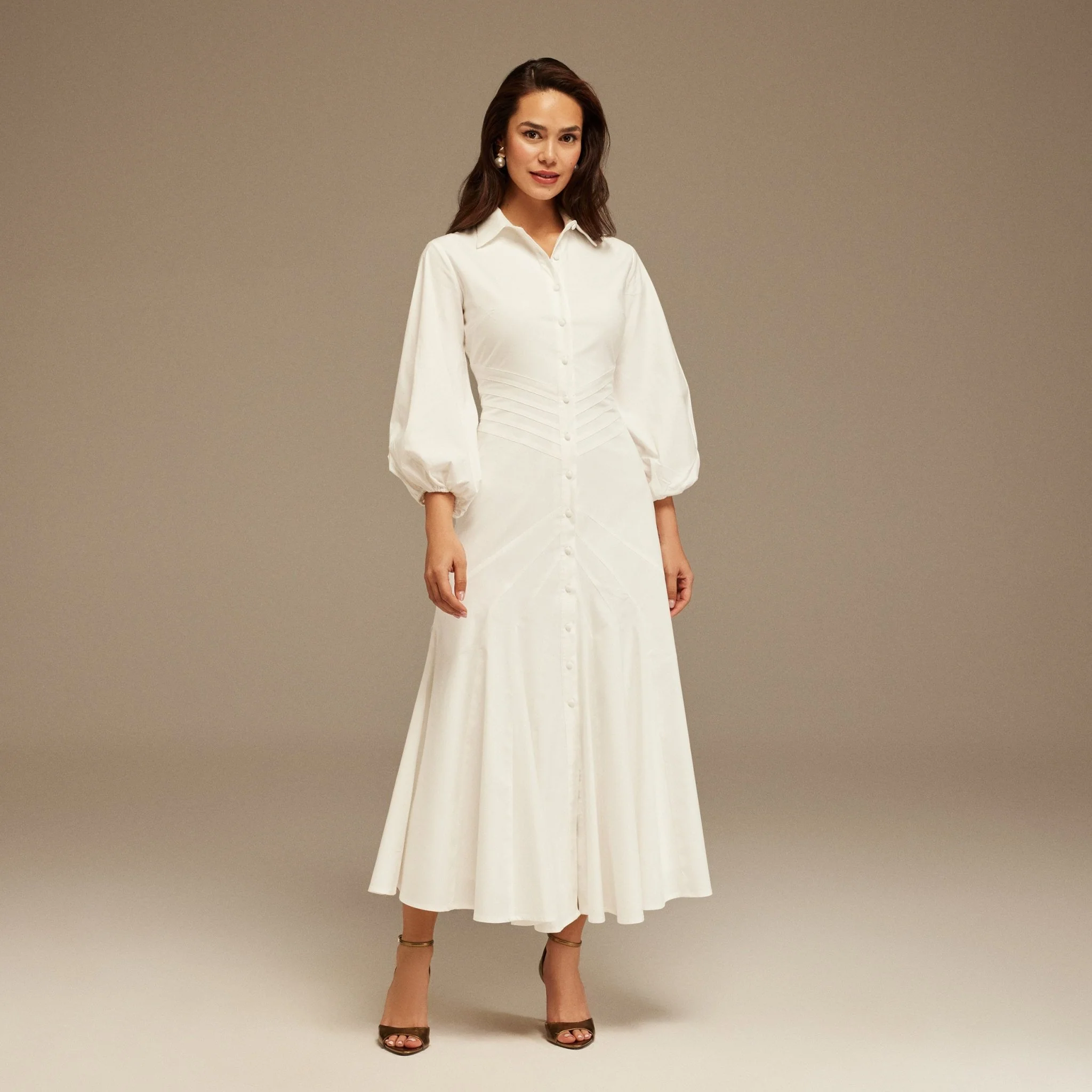 Puff Long Sleeves Stitched Waist Poplin Dress