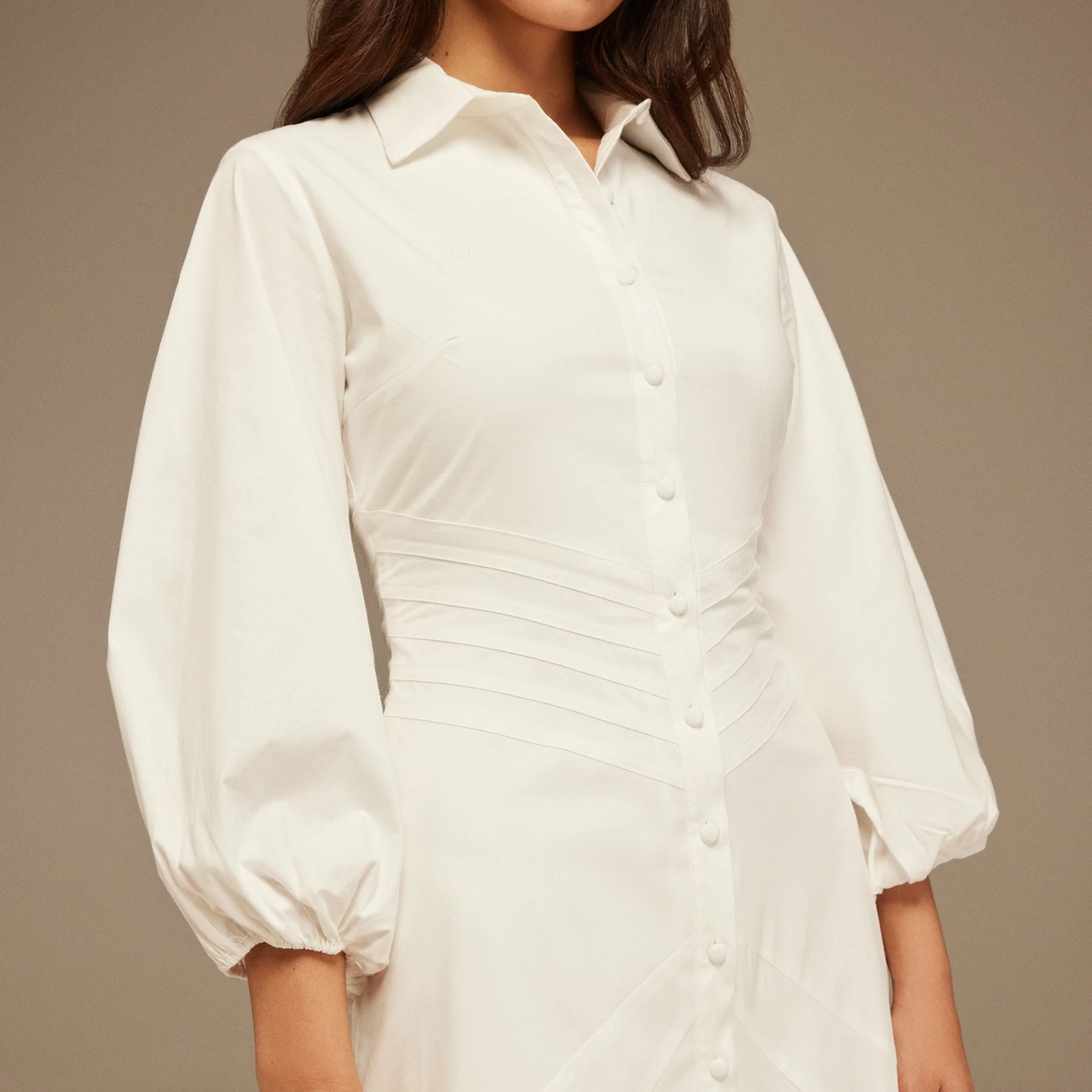 Puff Long Sleeves Stitched Waist Poplin Dress - Image 3
