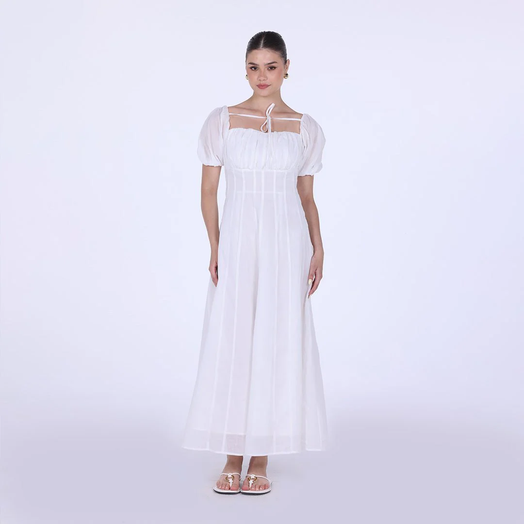 White Cotton Puff Short Sleeve Maxi Dress