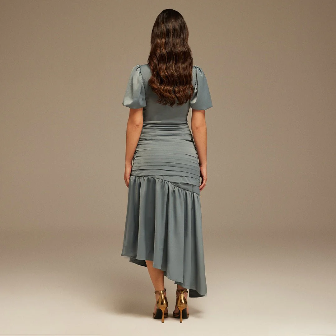 Grayish Blue Puff Short Sleeves With Asymmetrical Hem Dress - Image 4